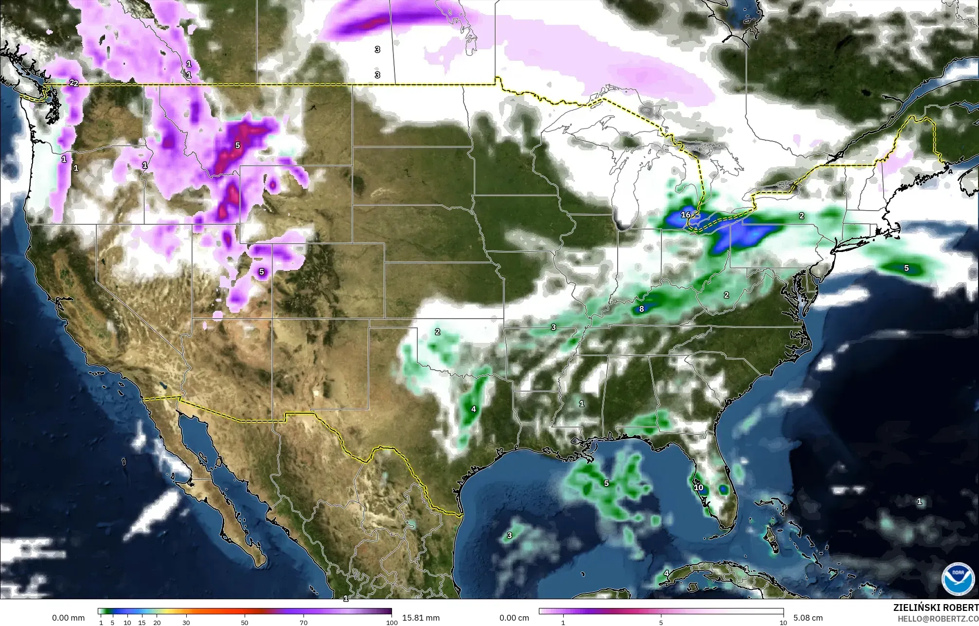 GFS modelo - Estados Unidos, Precipitación, nubes y presión