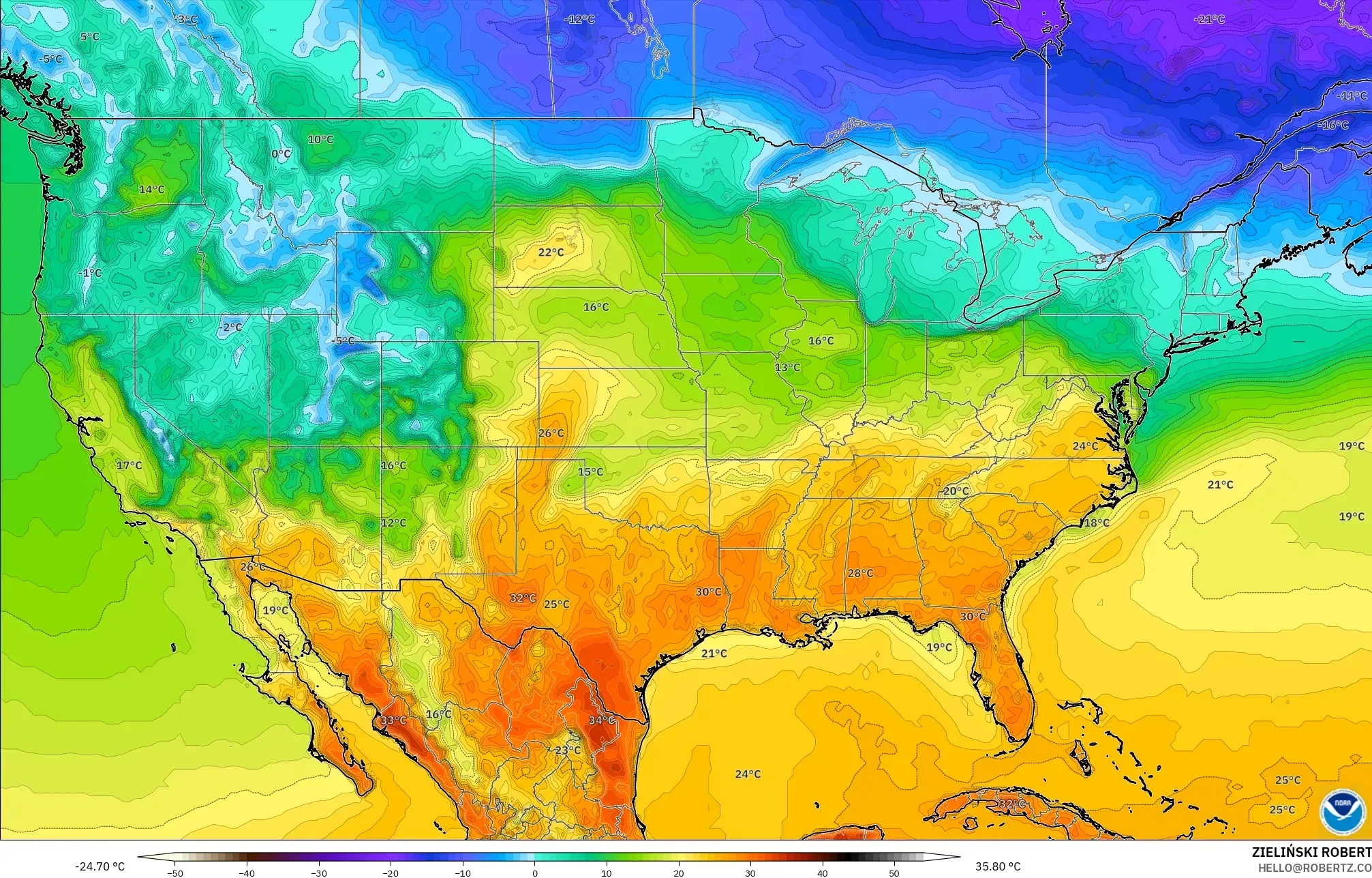 GFS modelo - Estados Unidos, Temperatura a 2 m
