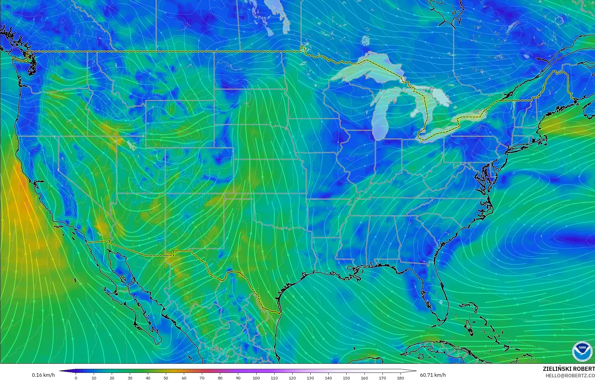 GFS modelo - Estados Unidos, Viento a 10 m