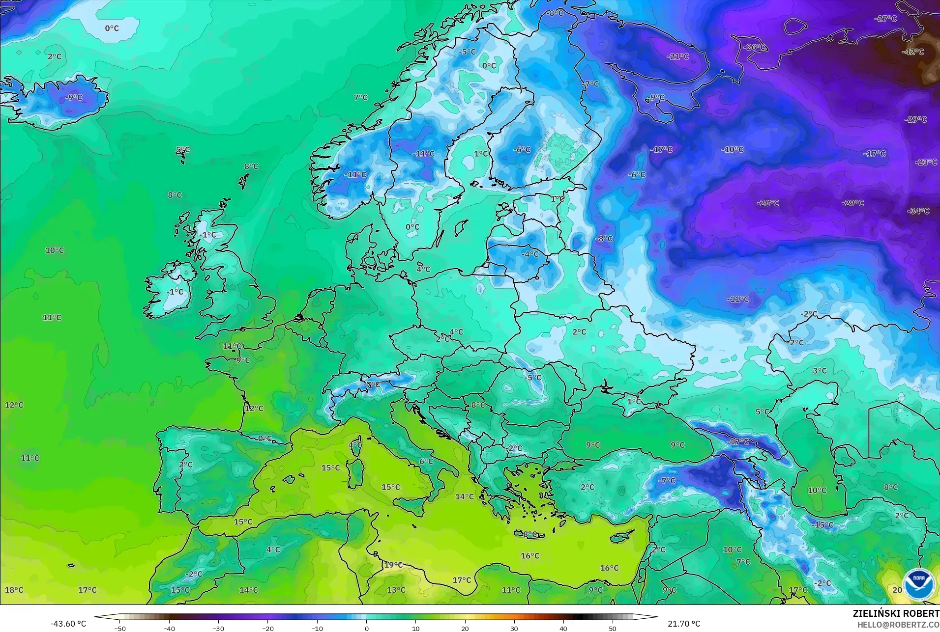 GFS modelo - Europa, Temperatura a 2 m