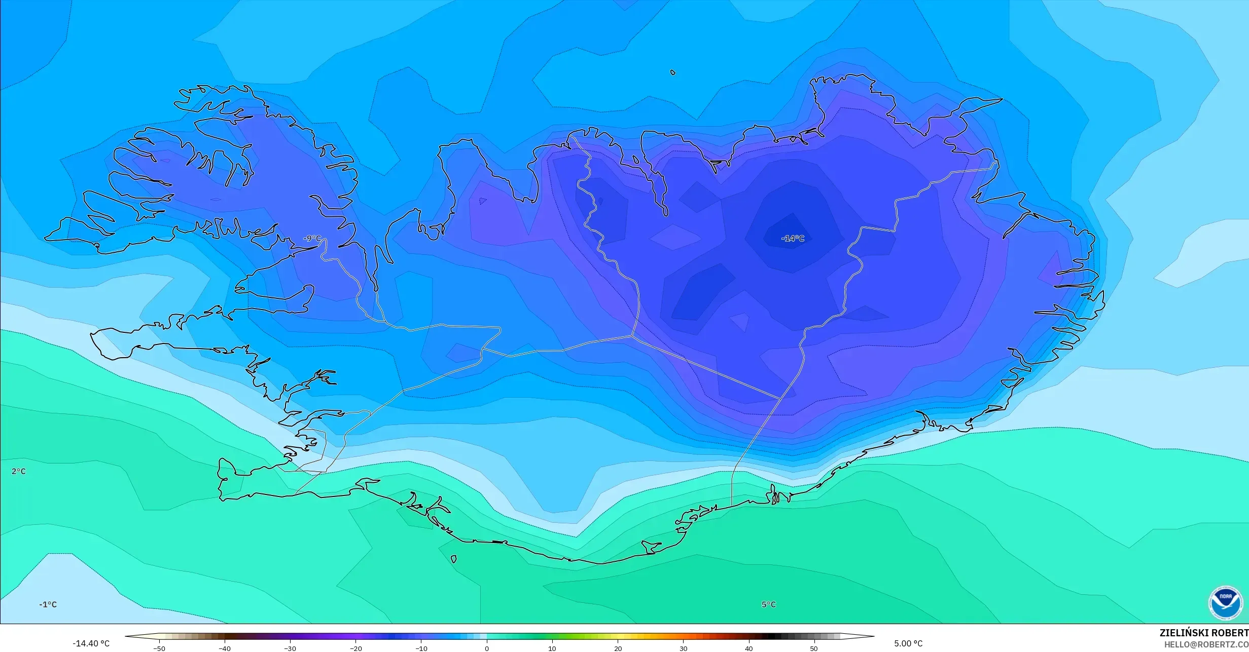 GFS modelo - Islandia, Punto de rocío a 2 m