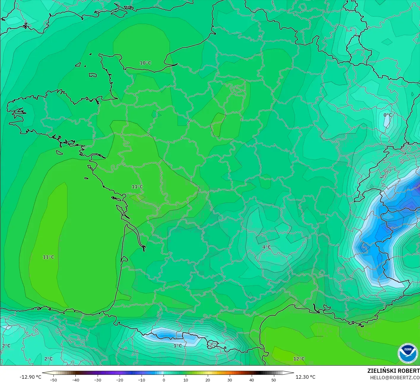GFS modelo - Francia, Punto de rocío a 2 m