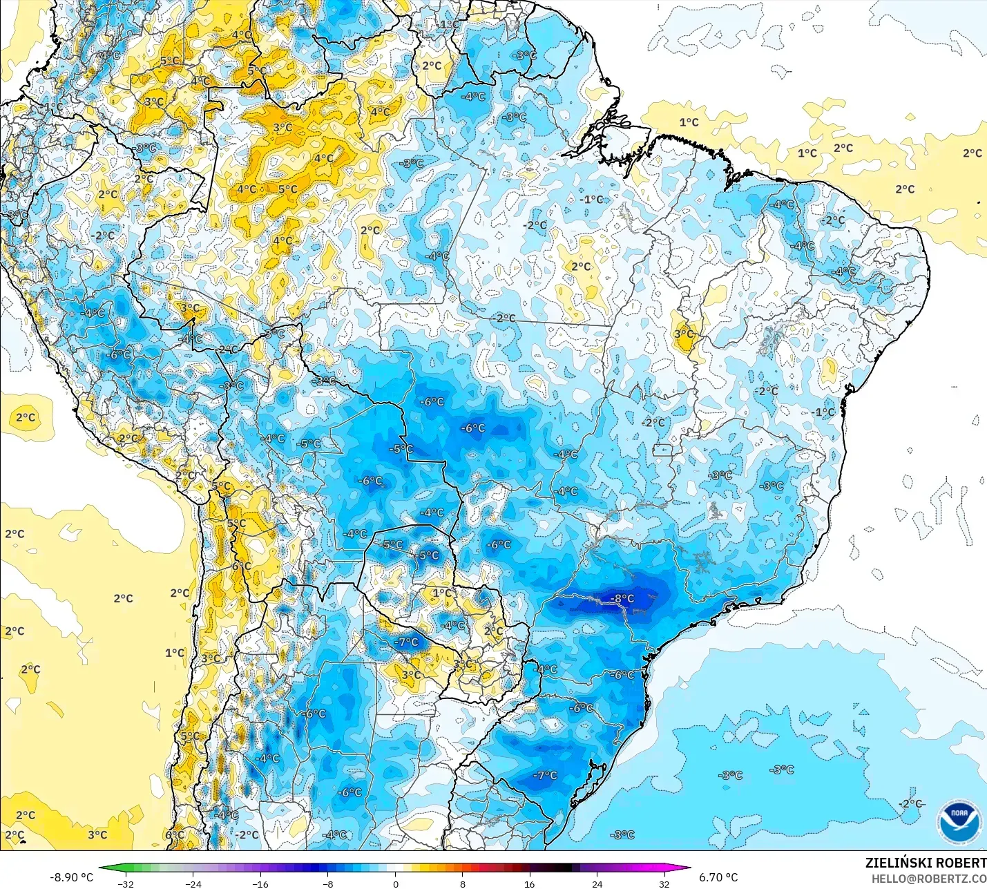 GFS modelo - Brasil, Anomalía de temperatura a 2 m