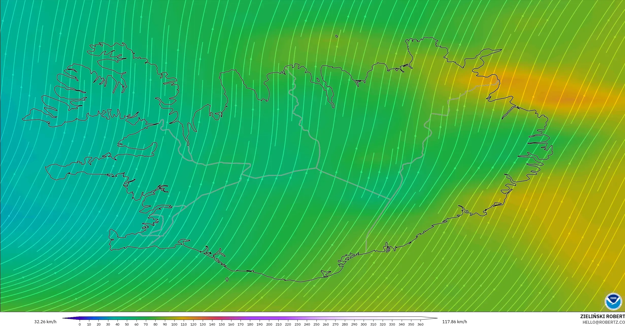 GFS modelo - Islandia, Viento a 300 hPa (corriente en chorro)