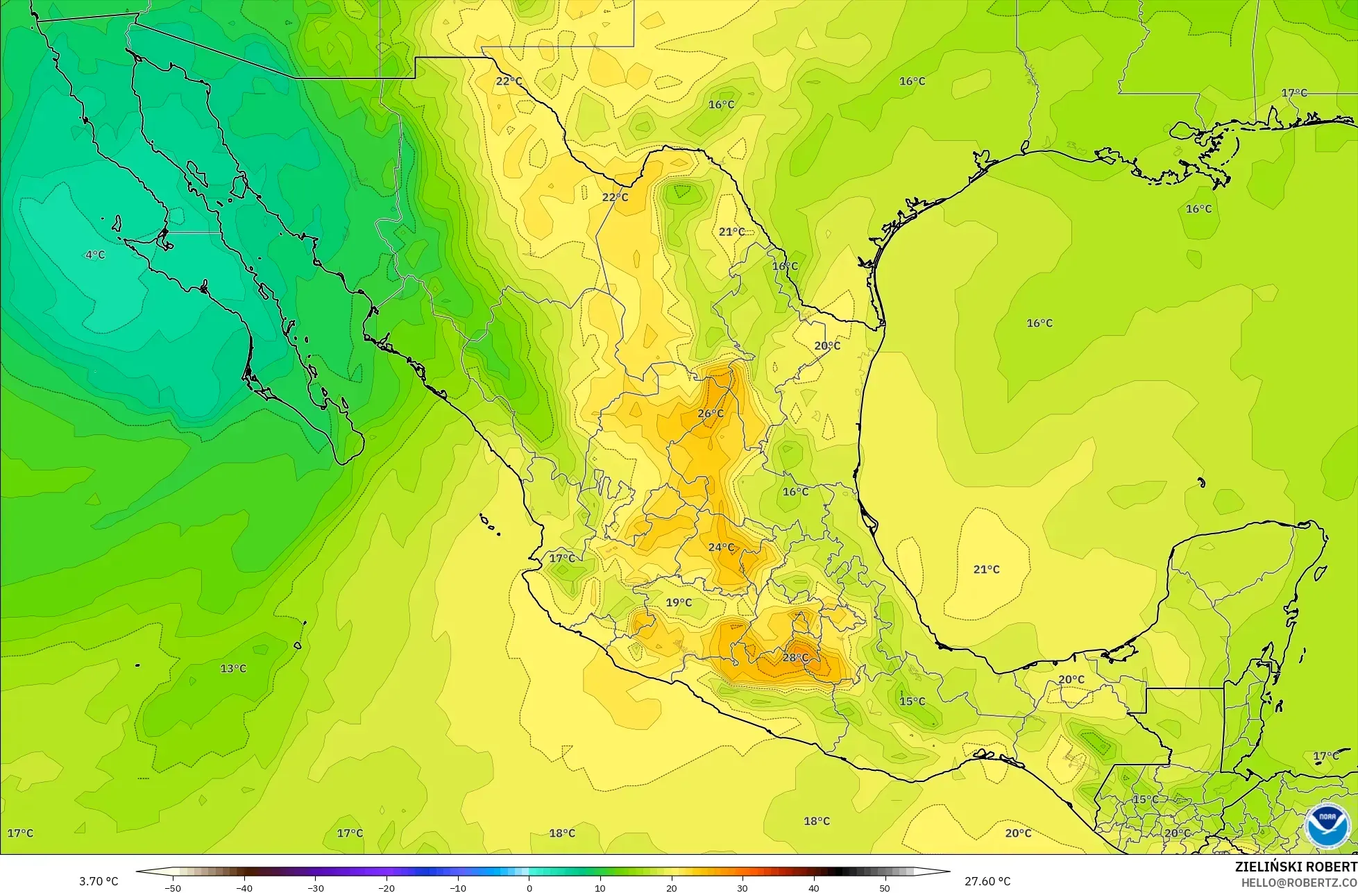 GFS modelo - México, Temperatura a 850 hPa