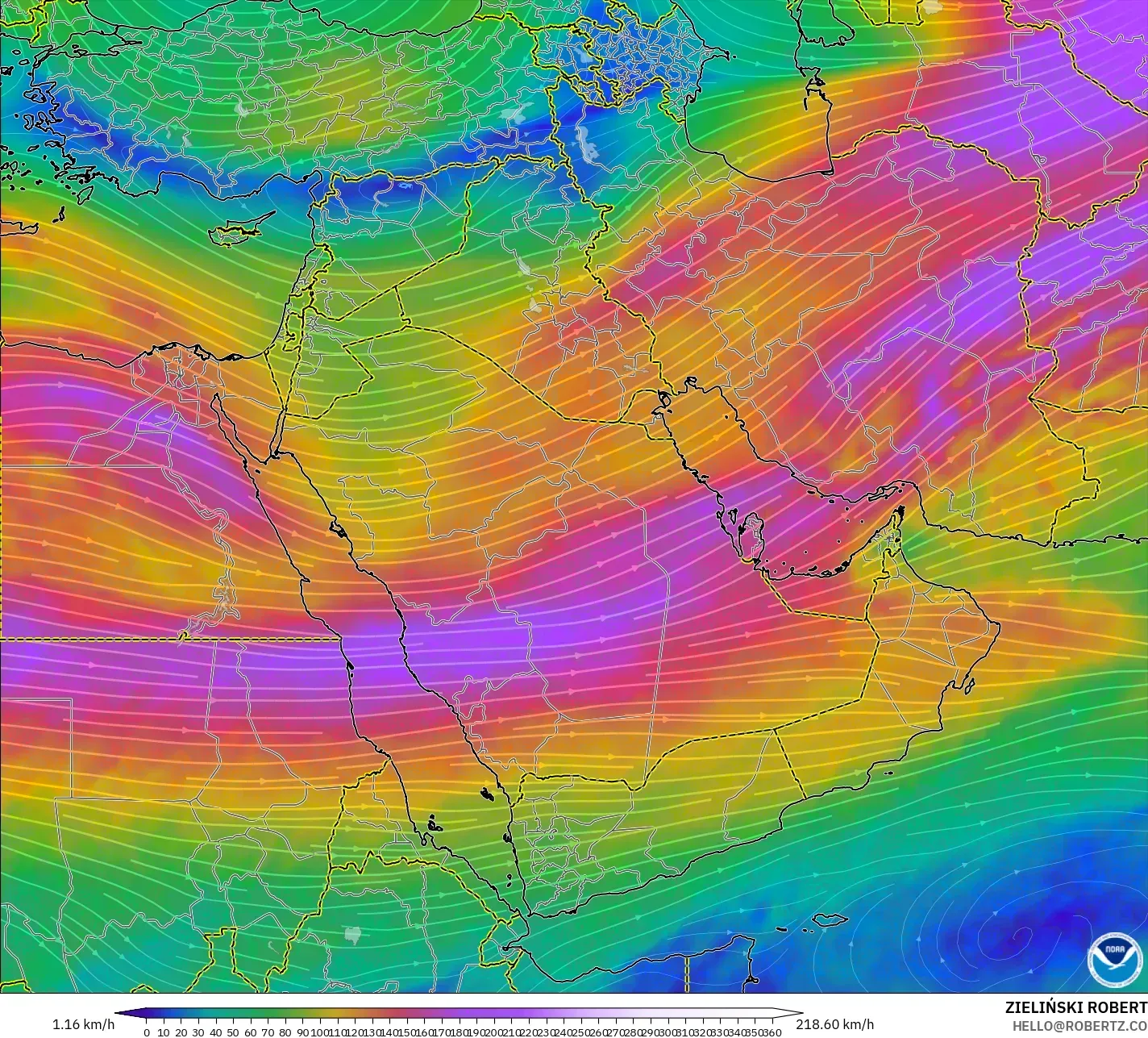 GFS modelo - Oriente Medio, Viento a 300 hPa (corriente en chorro)