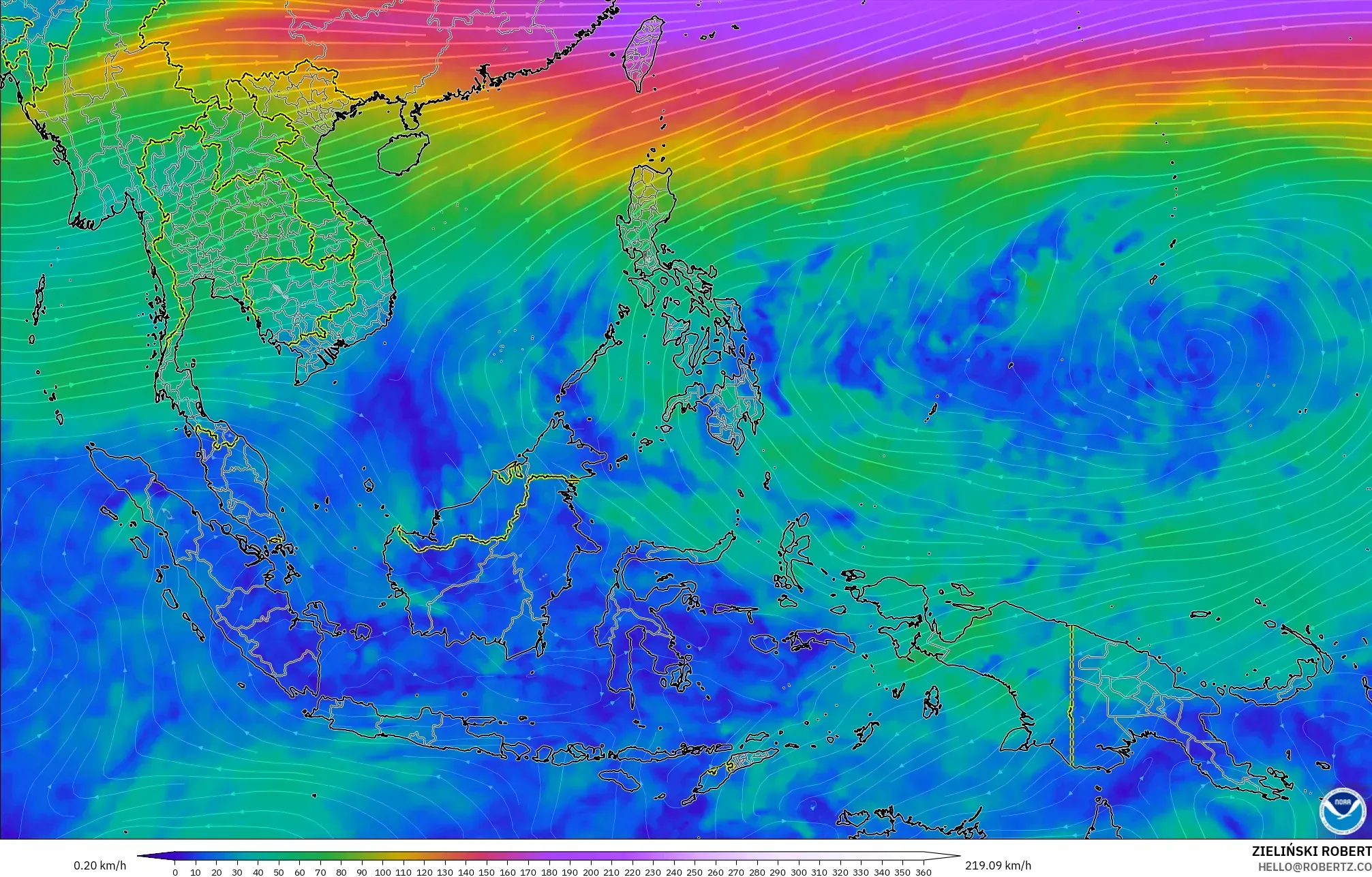 GFS modelo - Sudeste Asiático, Viento a 300 hPa (corriente en chorro)