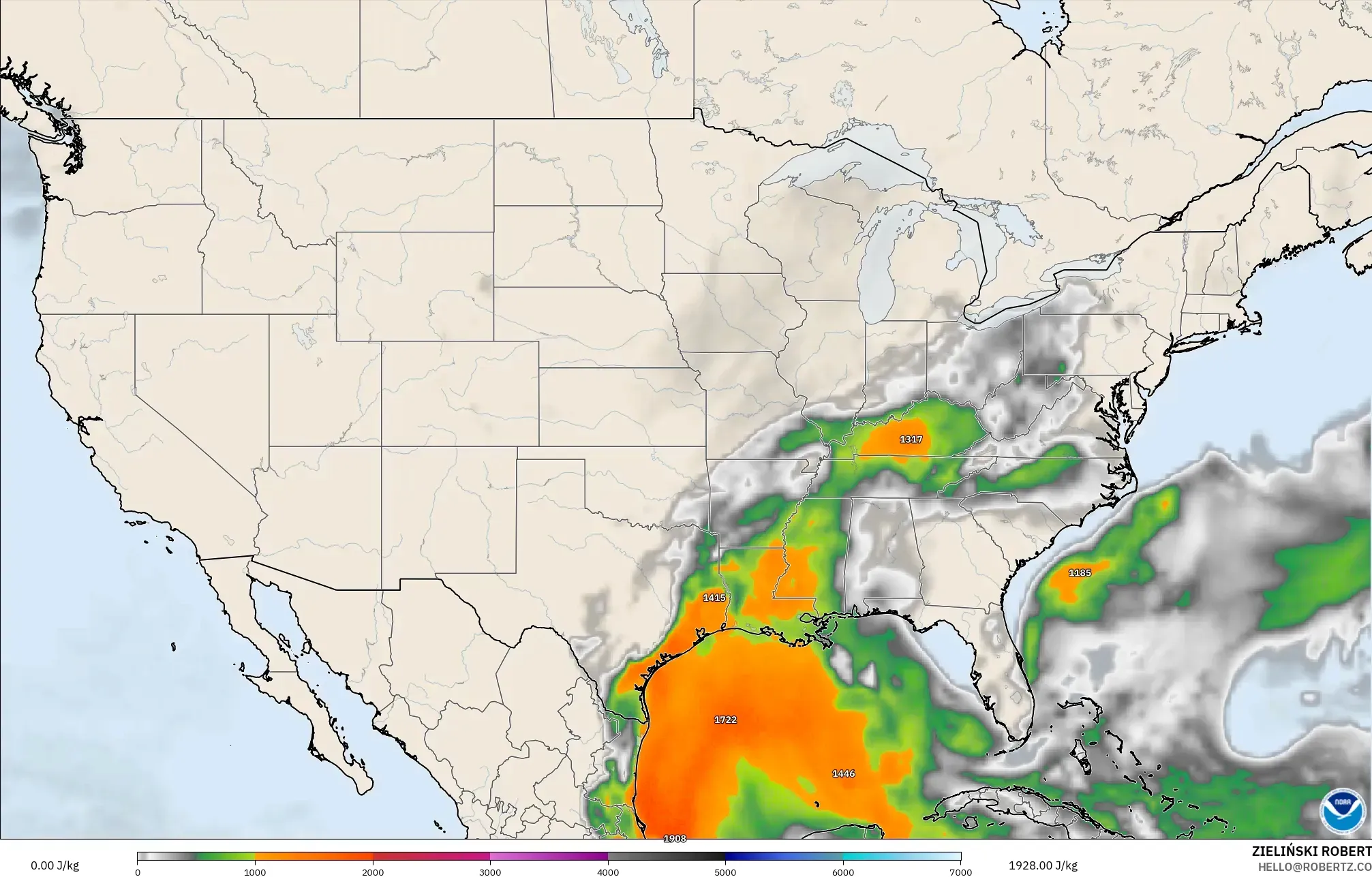 GFS modelo - Estados Unidos, CAPE