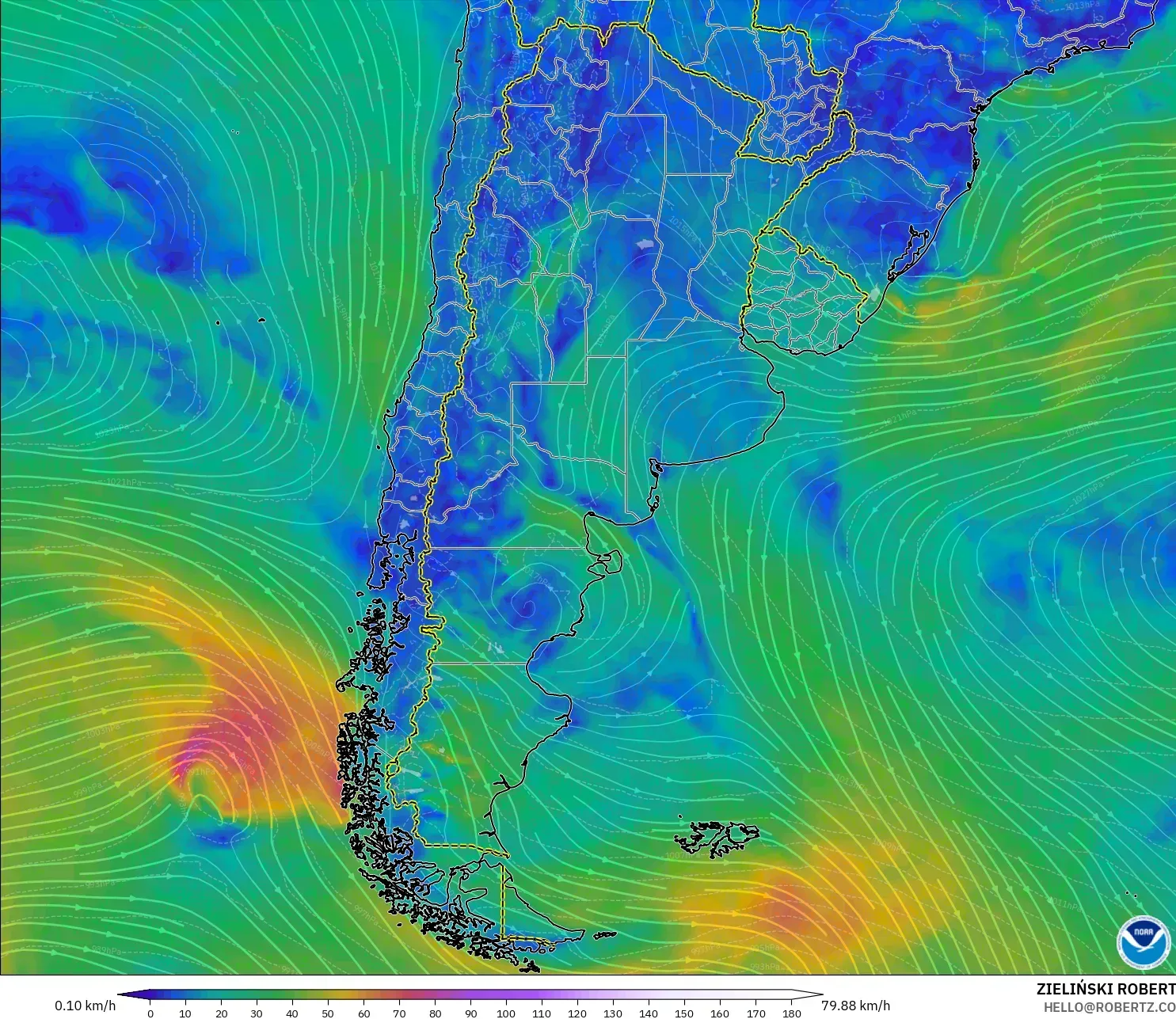 GFS modelo - Argentina, Viento a 10 m