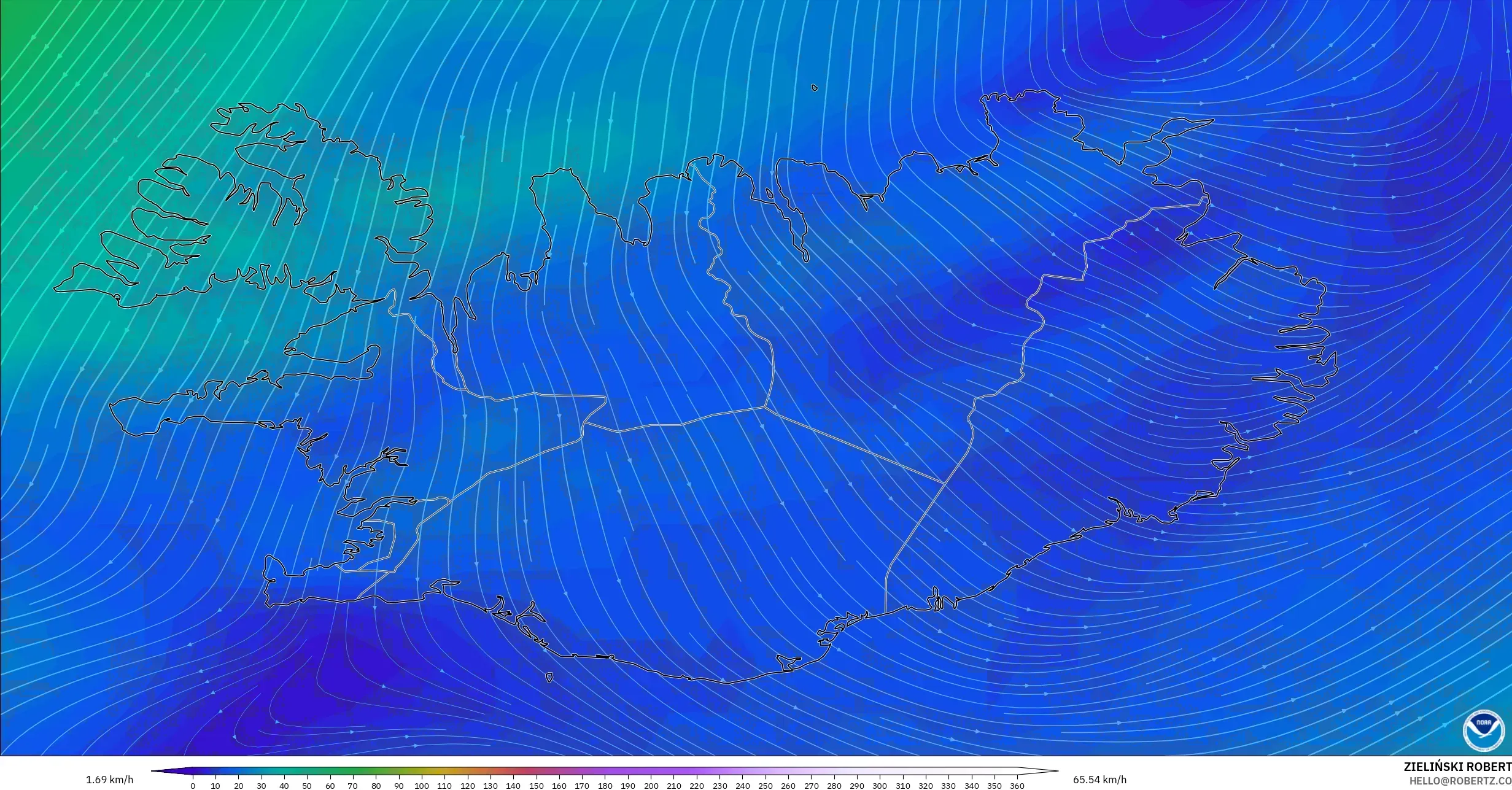 GFS modelo - Islandia, Viento a 300 hPa (corriente en chorro)