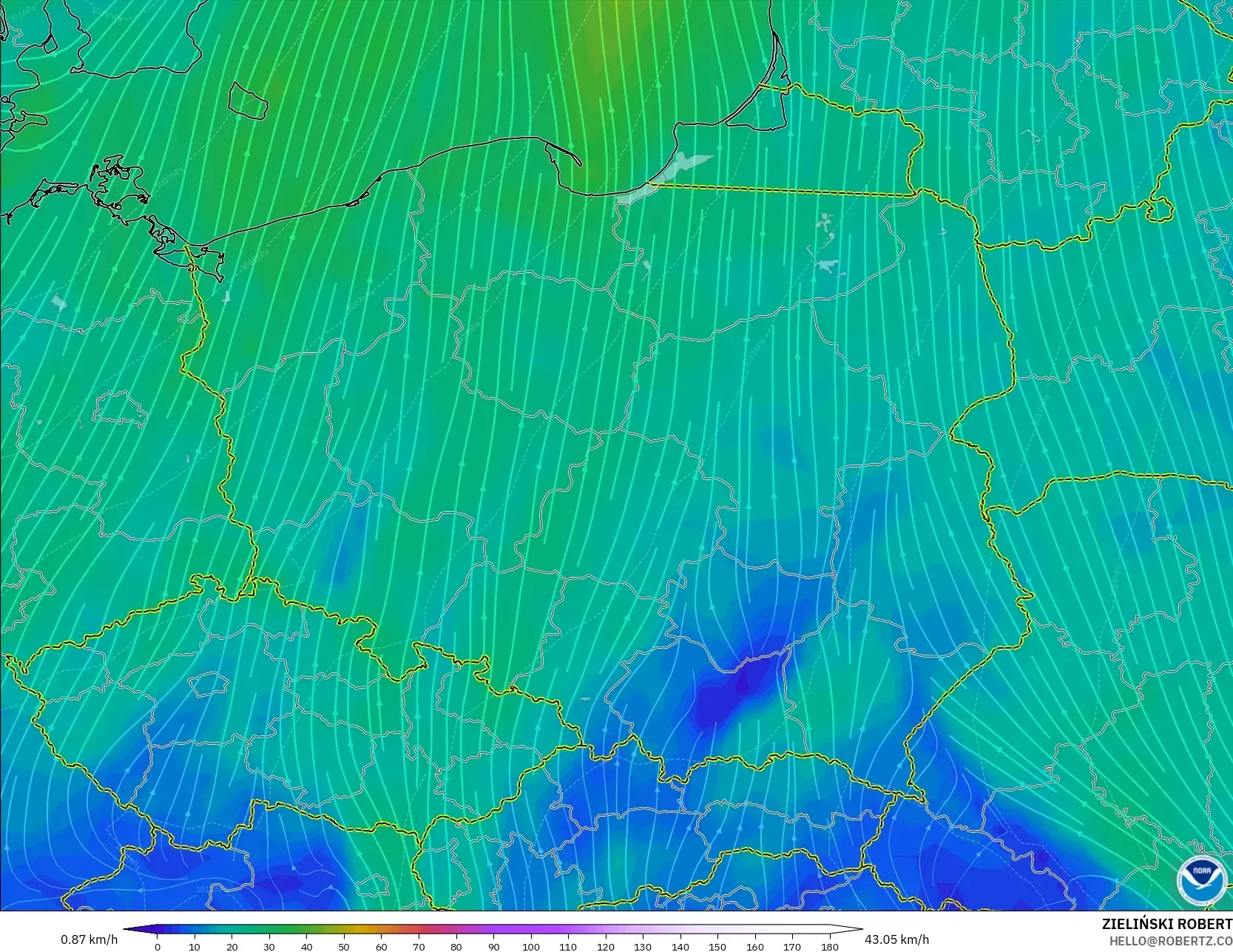GFS modelo - Polonia, Viento a 10 m