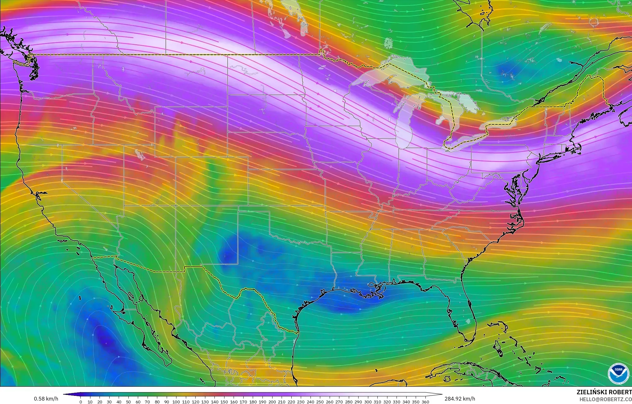 GFS modelo - Estados Unidos, Viento a 300 hPa (corriente en chorro)