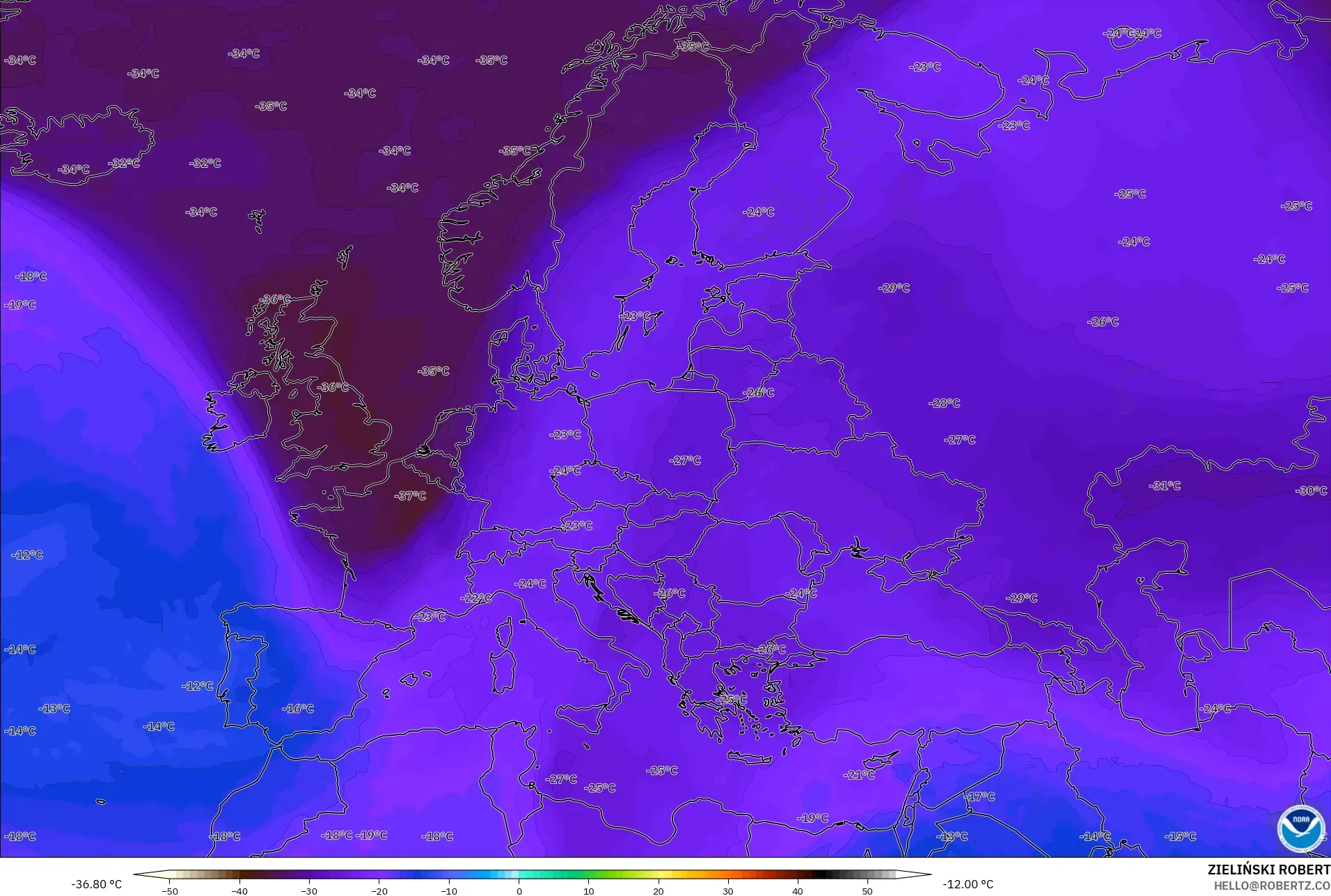 GFS modelo - Europa, Temperatura a 500 hPa