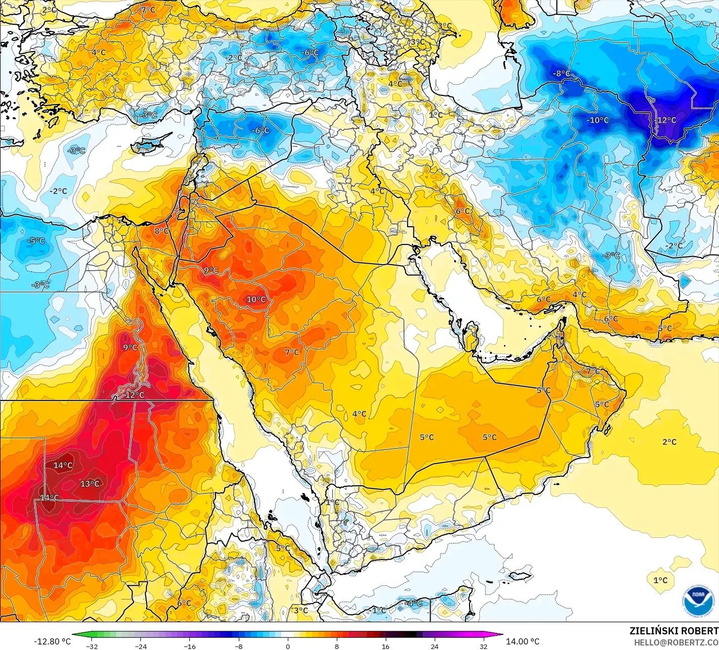 GFS modelo - Oriente Medio, Anomalía de temperatura a 2 m