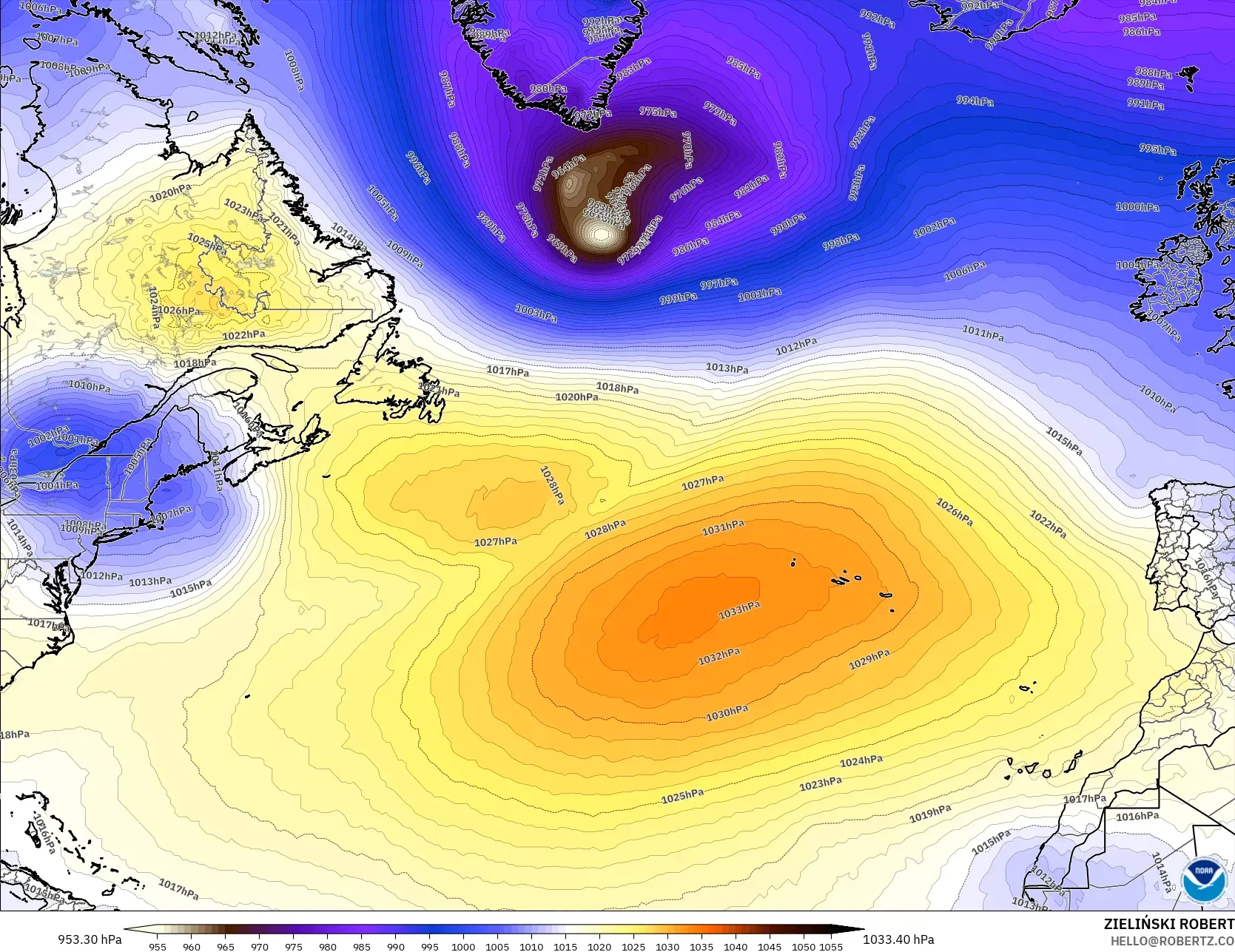GFS modelo - Norte Atlántico, Presión