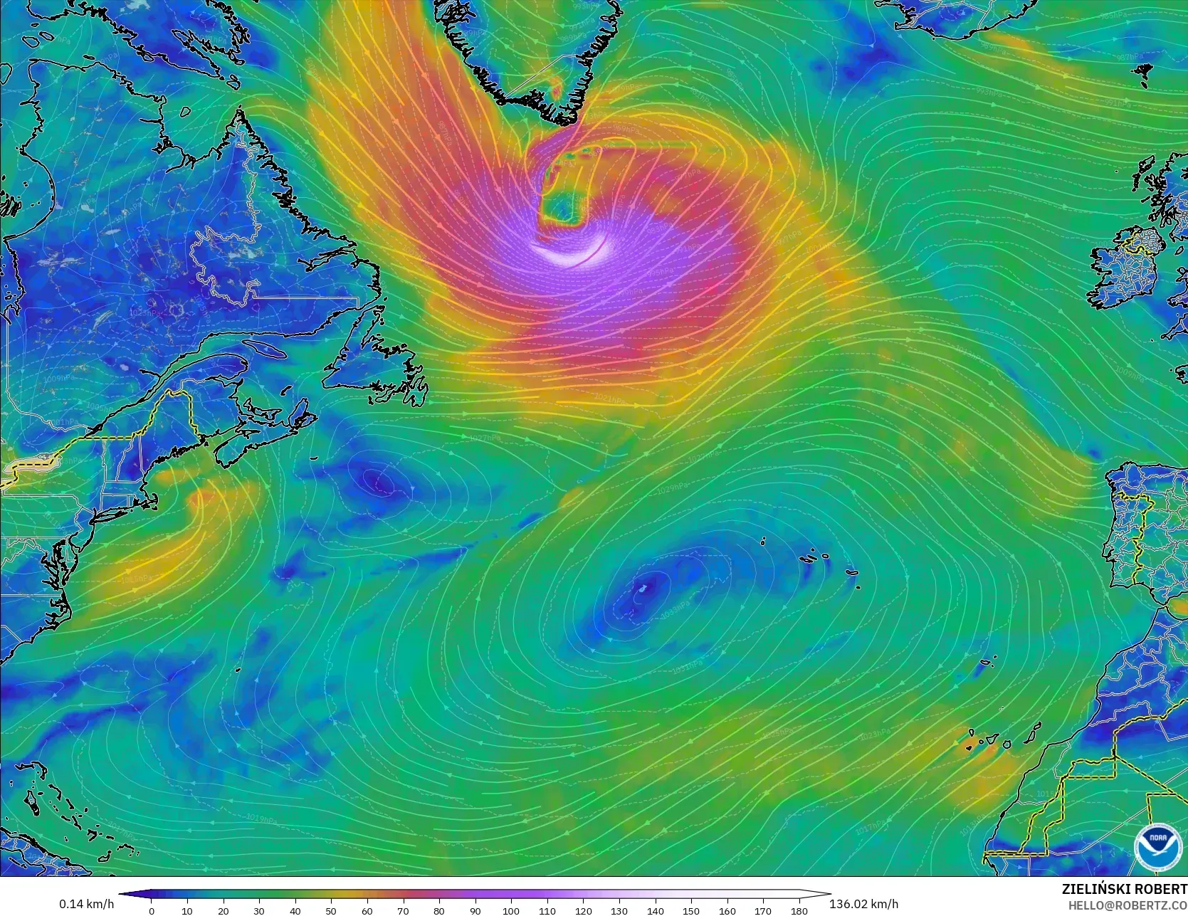 GFS modelo - Norte Atlántico, Viento a 10 m