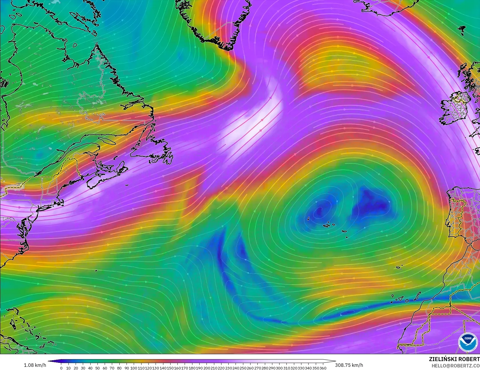 GFS modelo - Norte Atlántico, Viento a 300 hPa (corriente en chorro)