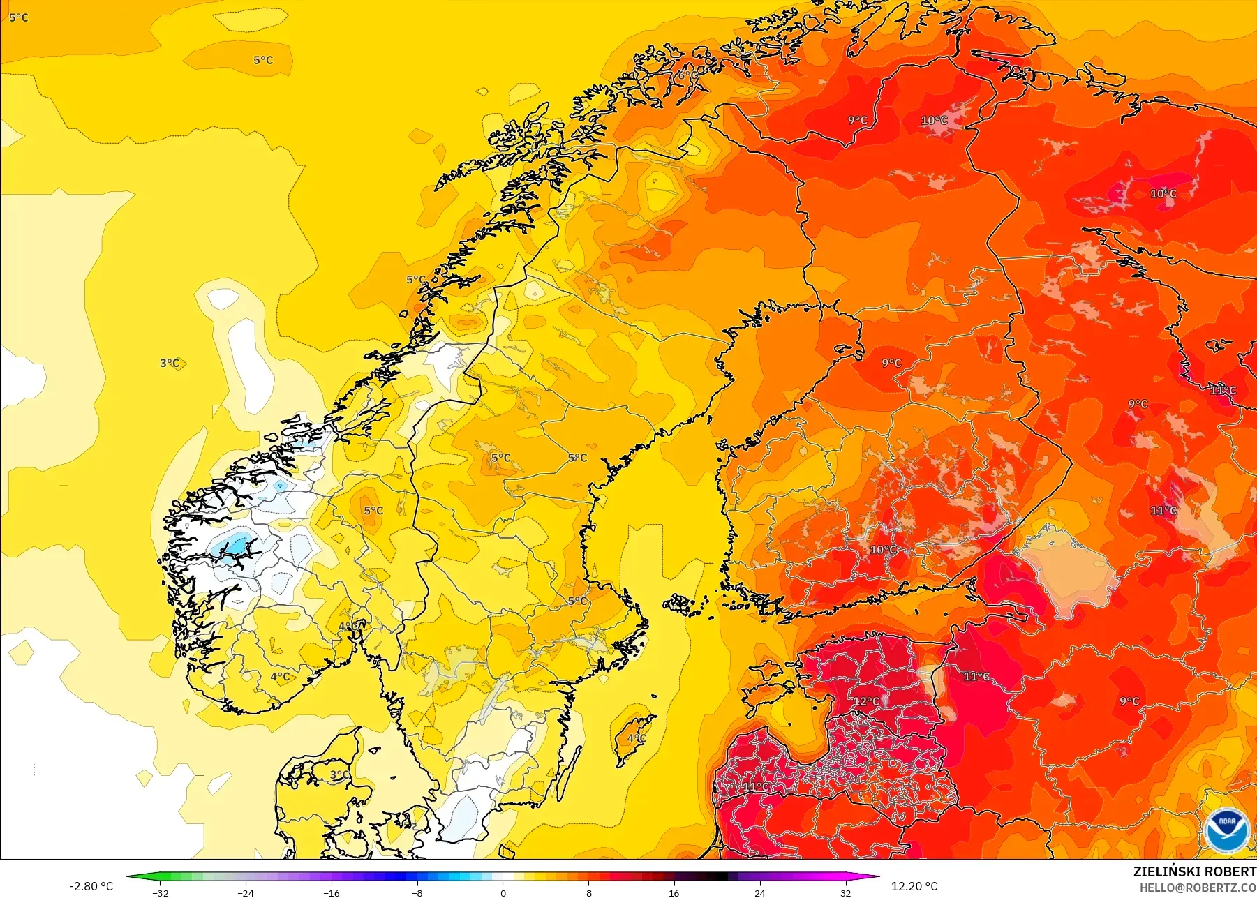 GFS modelo - Escandinavia, Anomalía de temperatura a 2 m
