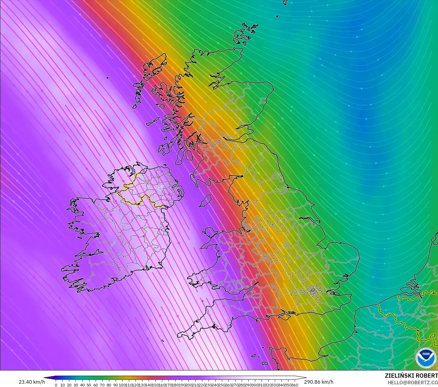 GFS modelo - Reino Unido, Viento a 300 hPa (corriente en chorro)
