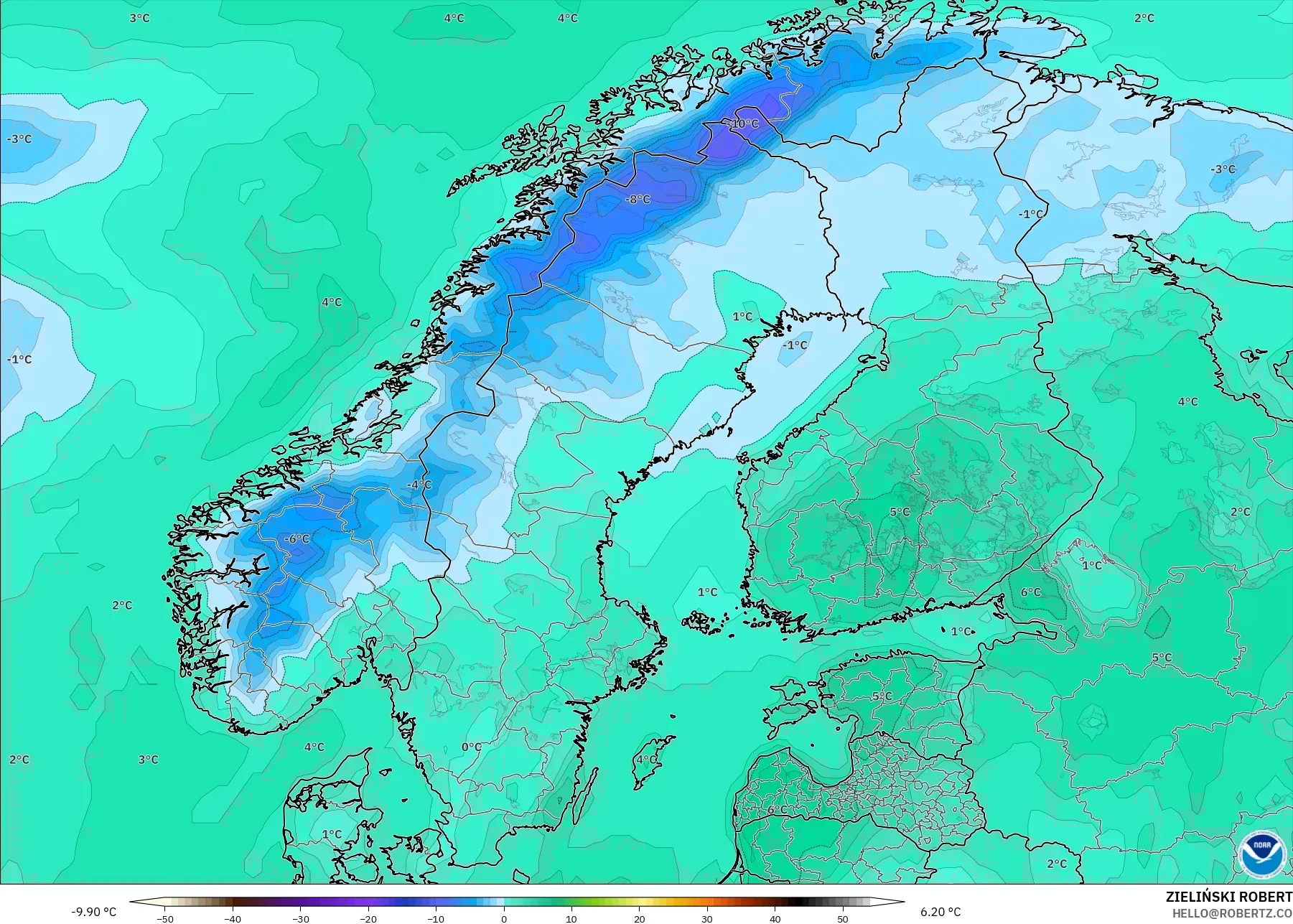 GFS modelo - Escandinavia, Punto de rocío a 2 m