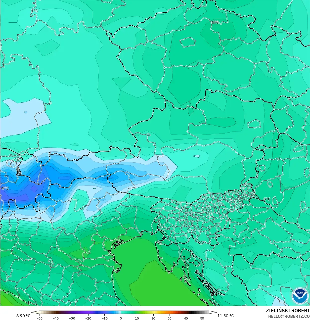 GFS modelo - Austria, Punto de rocío a 2 m