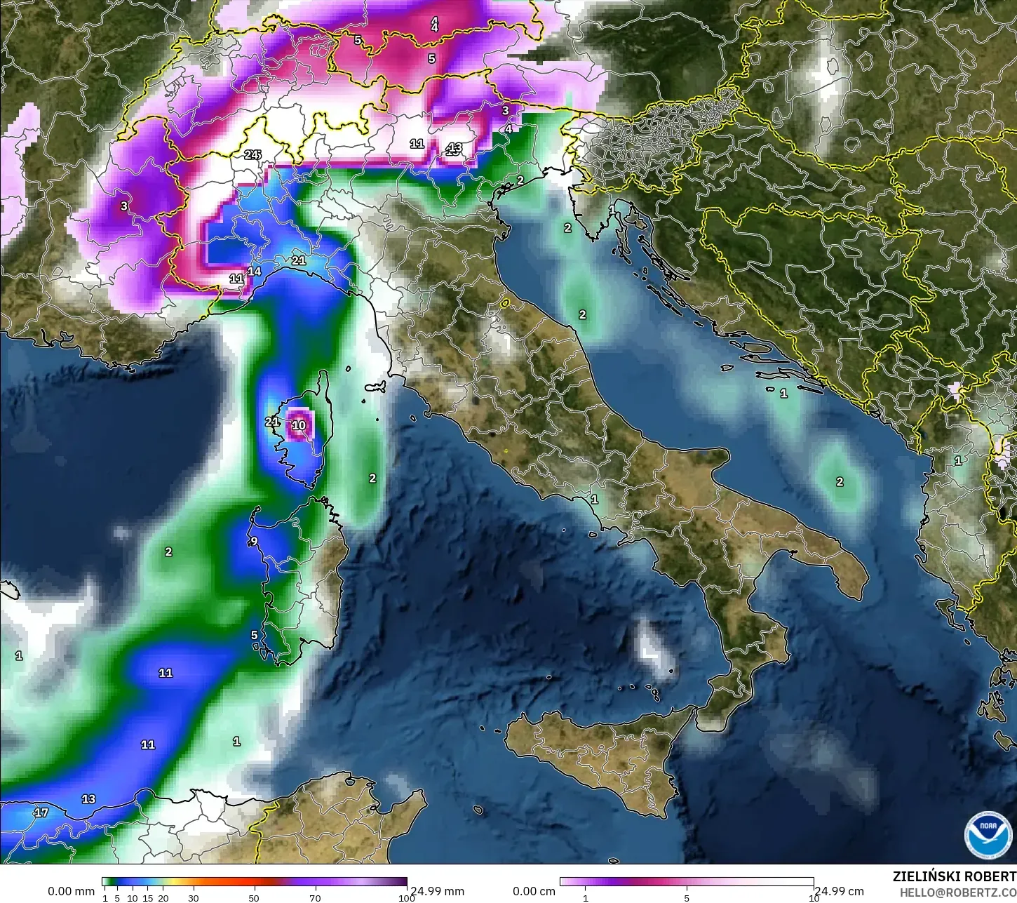 GFS modelo - Italia, Precipitación, nubes y presión