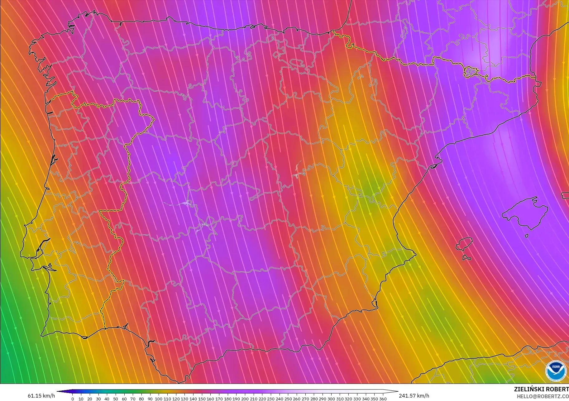 GFS modelo - España, Viento a 300 hPa (corriente en chorro)