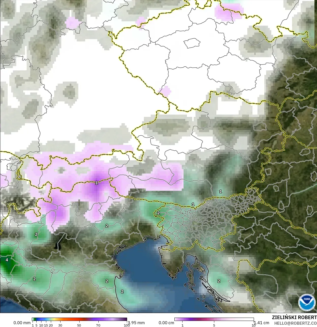 GFS modelo - Austria, Precipitación, nubes y presión