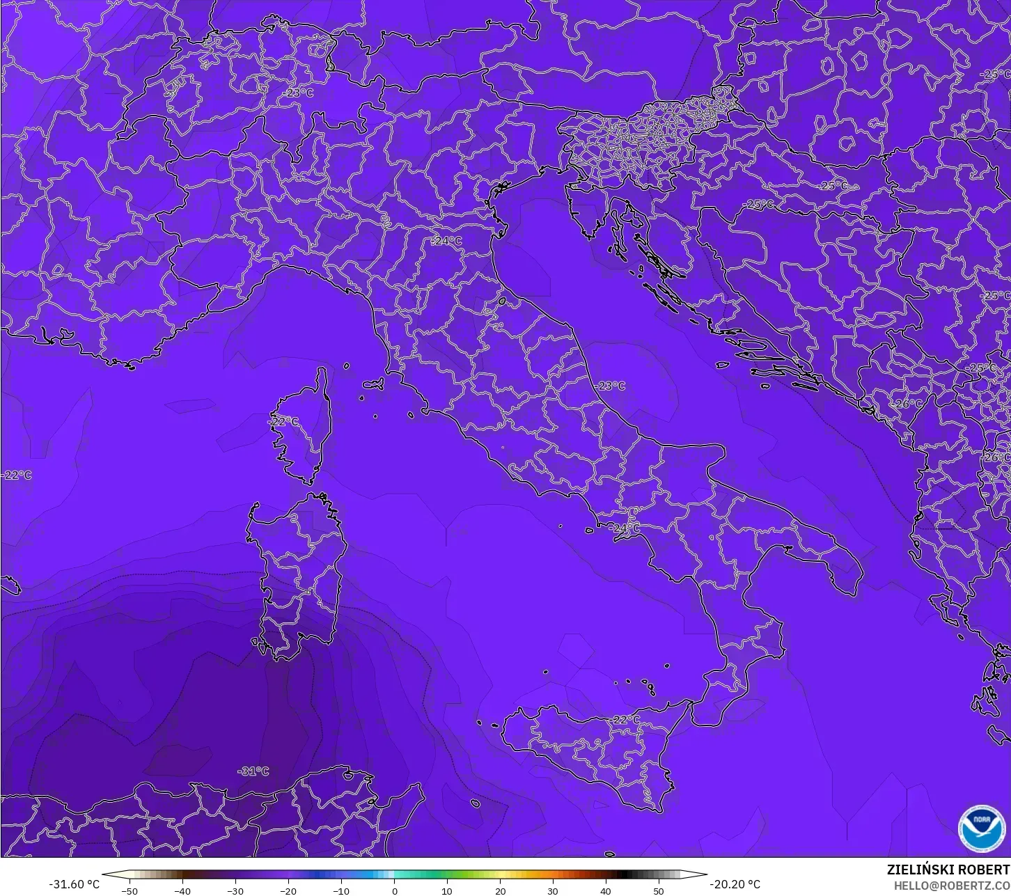 GFS modelo - Italia, Temperatura a 500 hPa