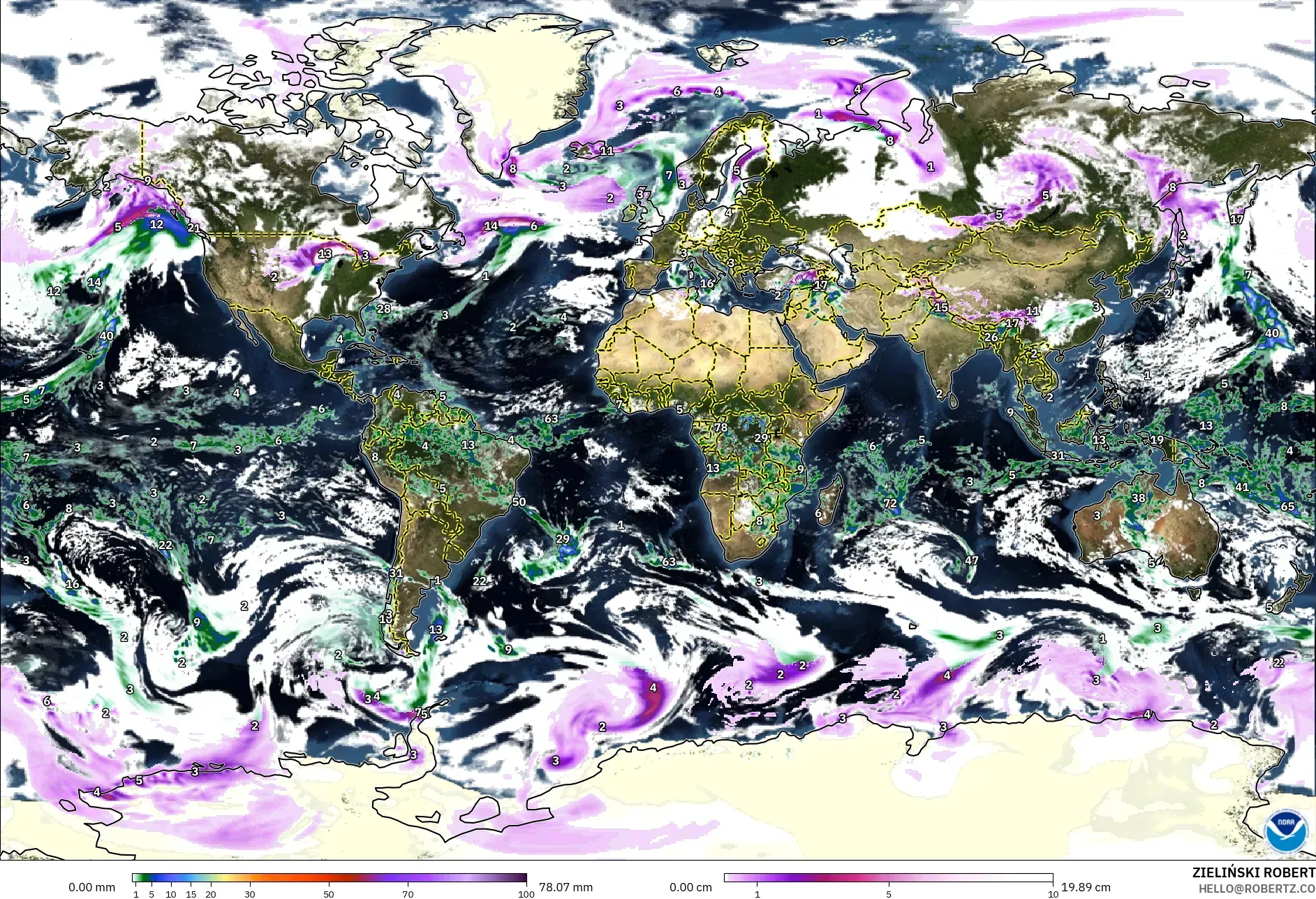 GFS modelo - Mundo, Precipitación, nubes y presión