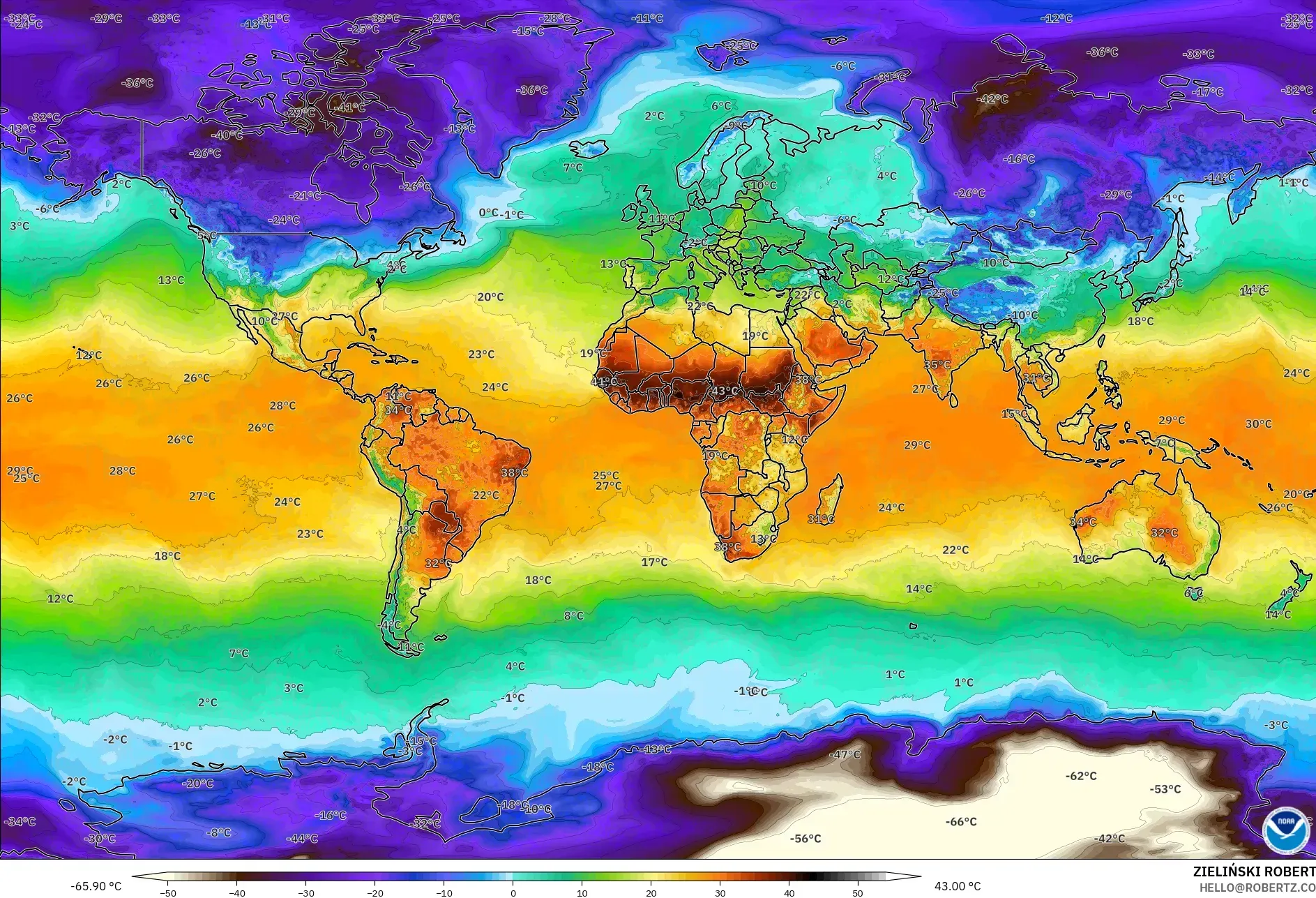 GFS modelo - Mundo, Temperatura a 2 m