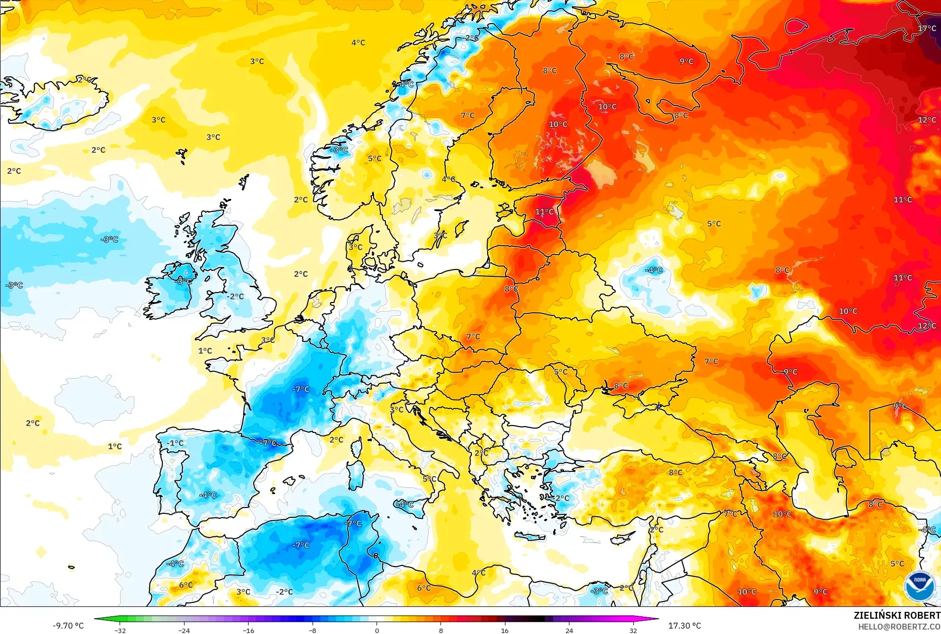 GFS modelo - Europa, Anomalía de temperatura a 2 m