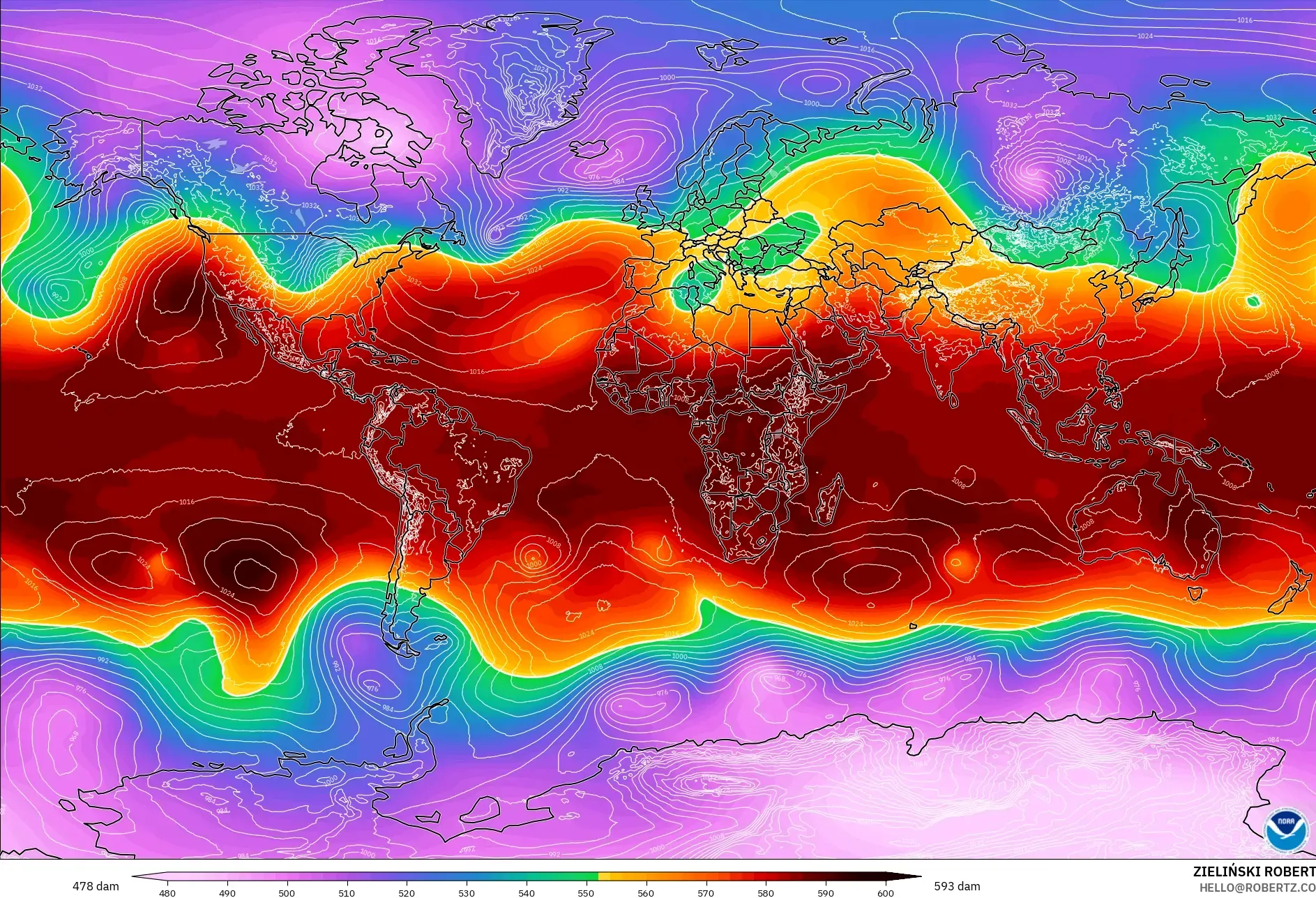 GFS modelo - Mundo, Altura geopotencial a 500 hPa