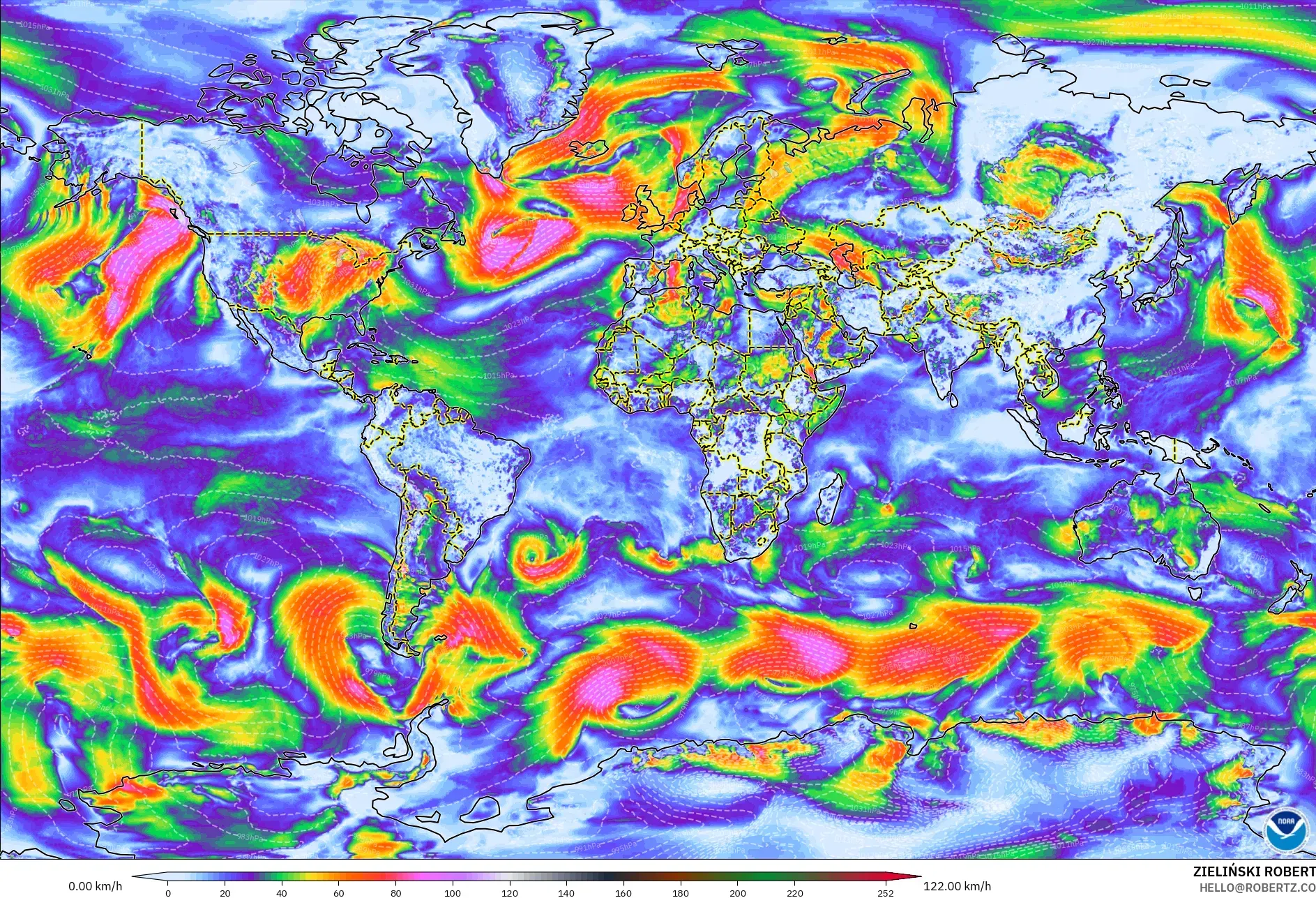 GFS modelo - Mundo, Ráfagas de Viento Máximas