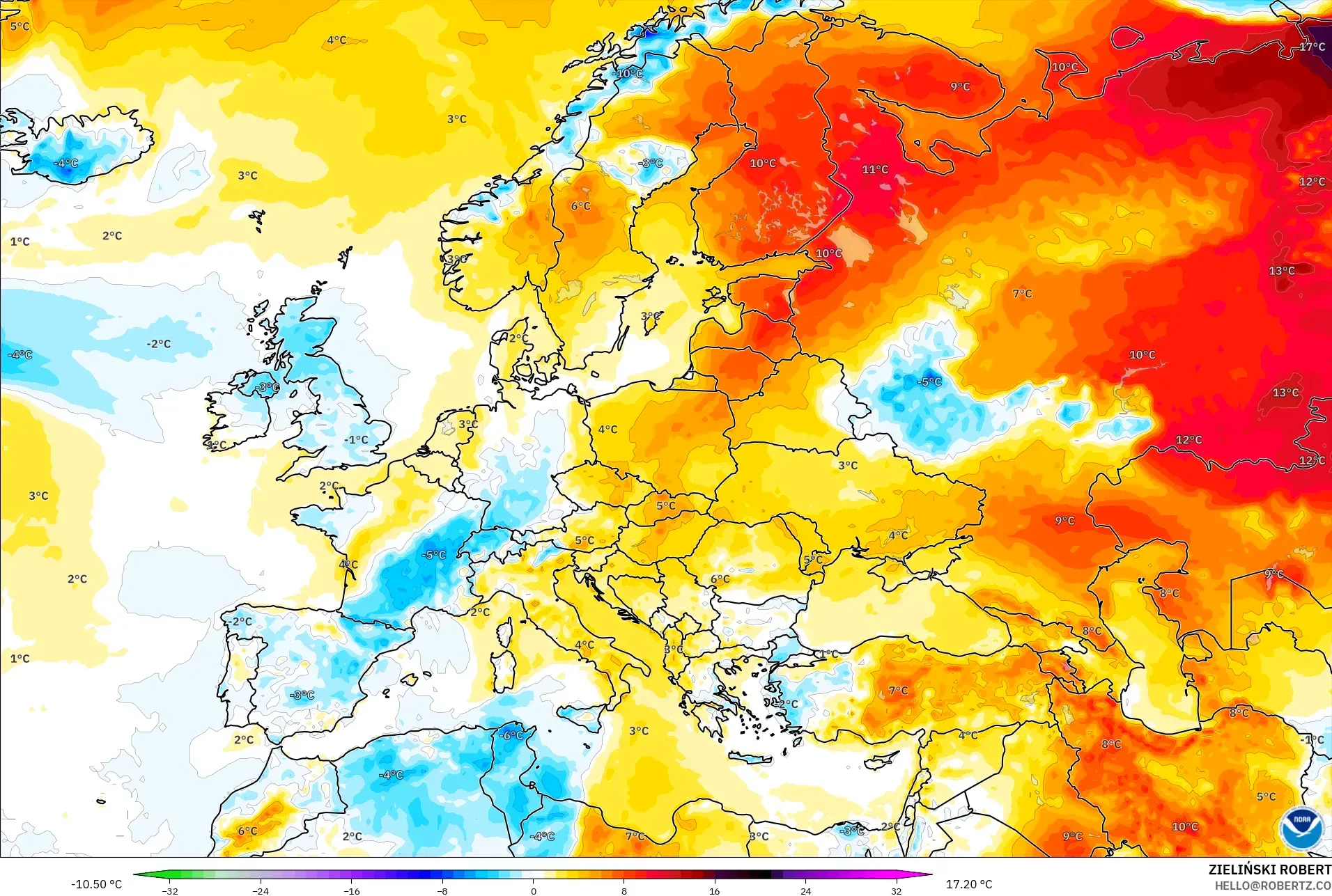 GFS modelo - Europa, Anomalía de temperatura a 2 m