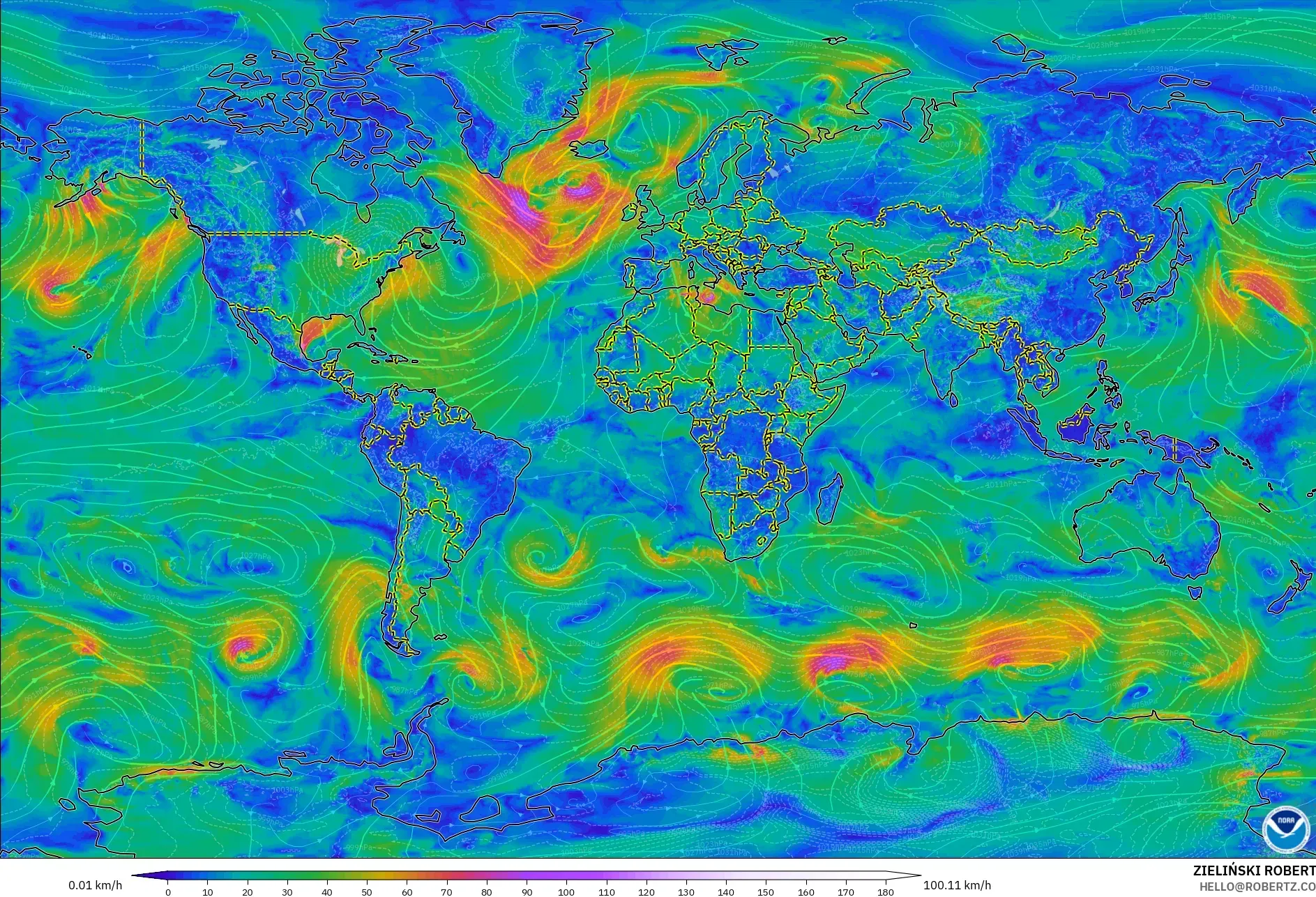 GFS modelo - Mundo, Viento a 10 m