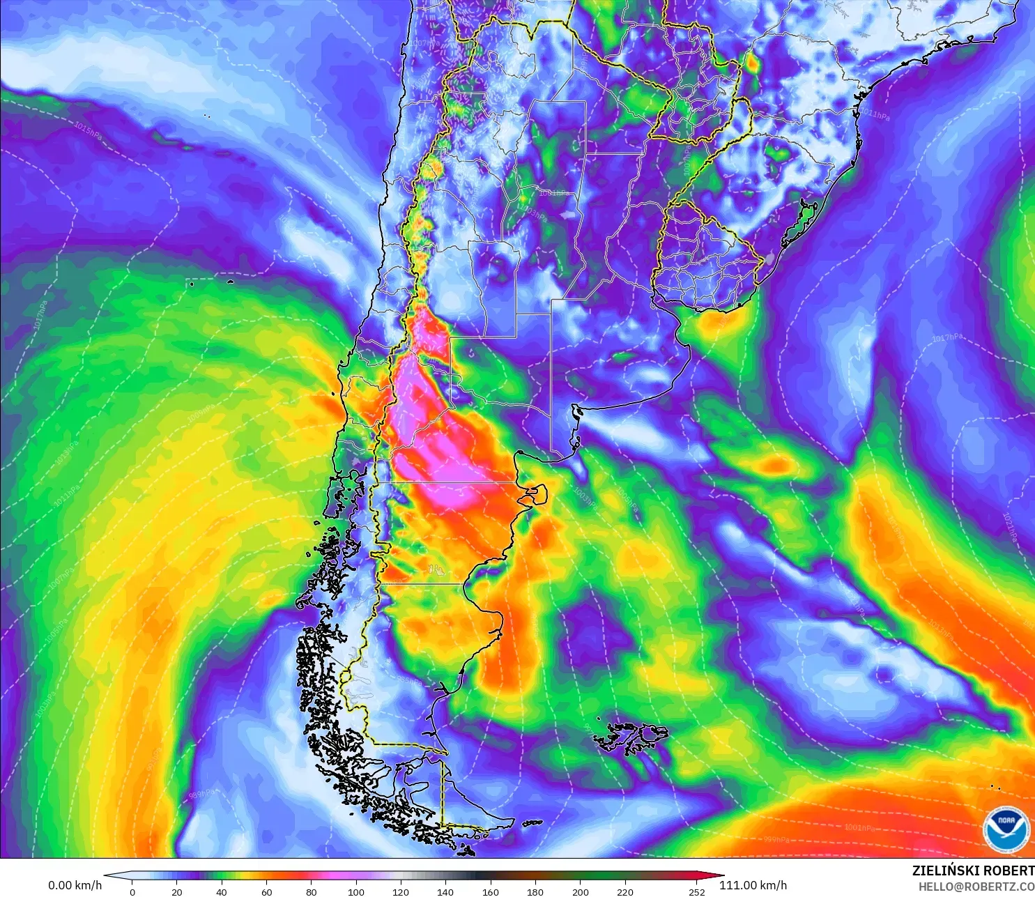 GFS modelo - Argentina, Ráfagas de viento
