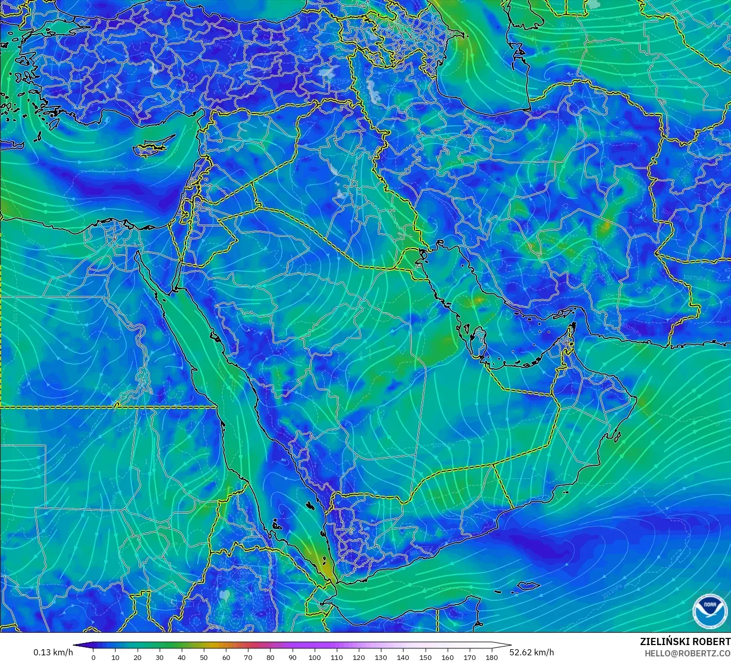 GFS modelo - Oriente Medio, Viento a 10 m
