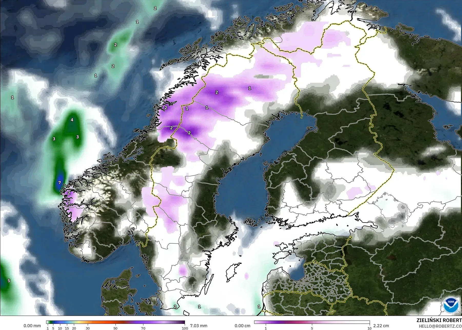 GFS modelo - Escandinavia, Precipitación, nubes y presión