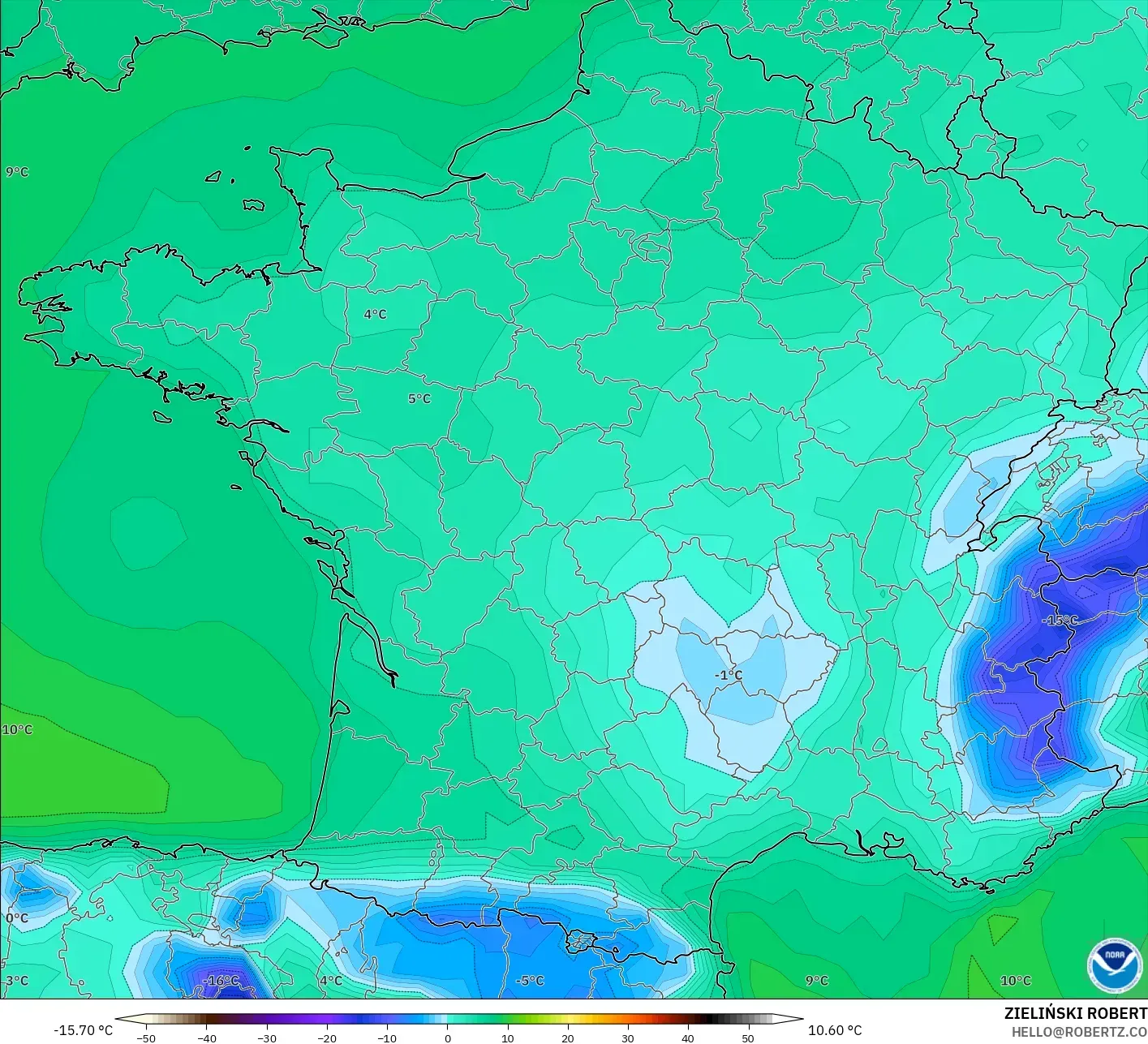 GFS modelo - Francia, Punto de rocío a 2 m