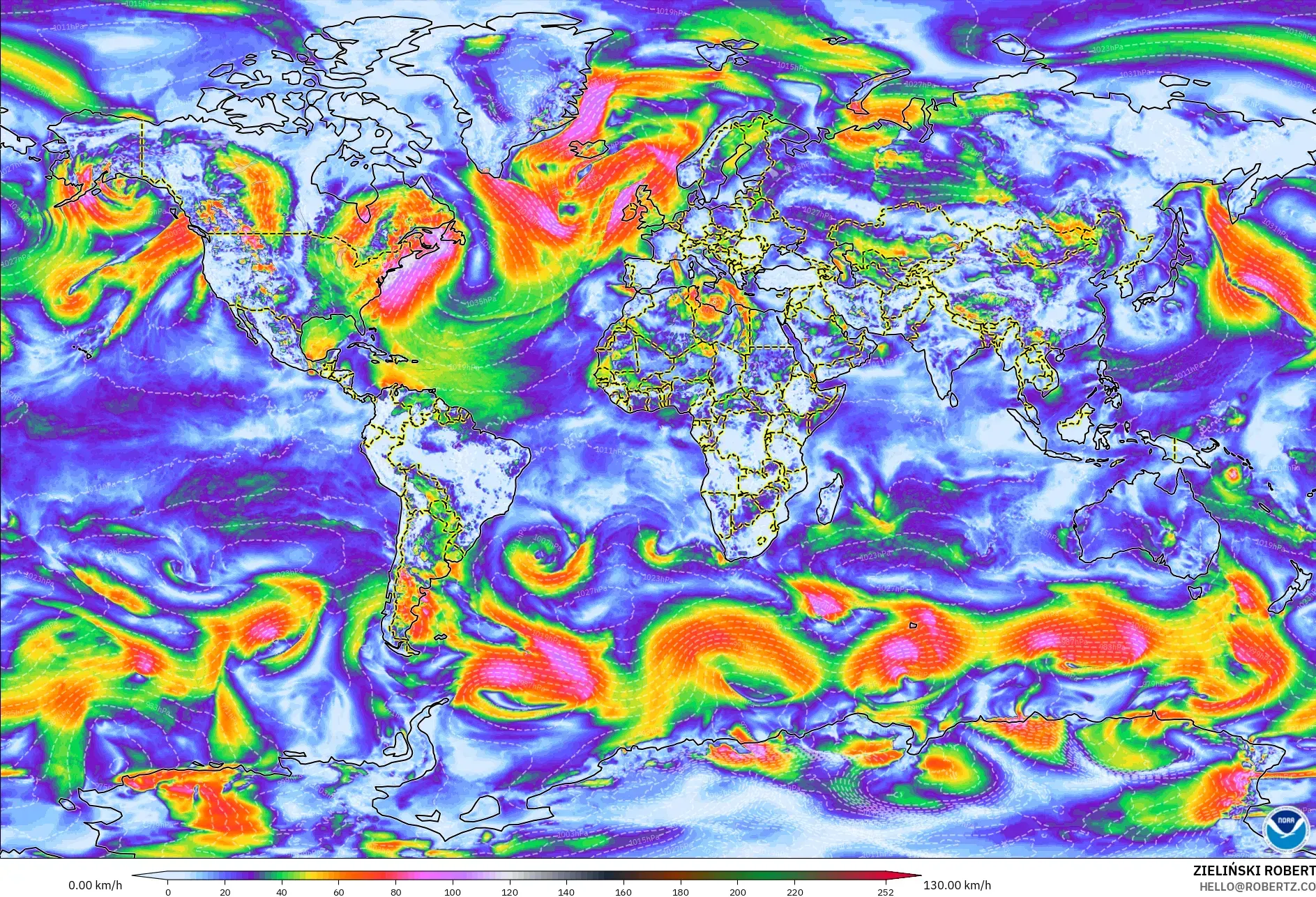 GFS modelo - Mundo, Ráfagas de viento