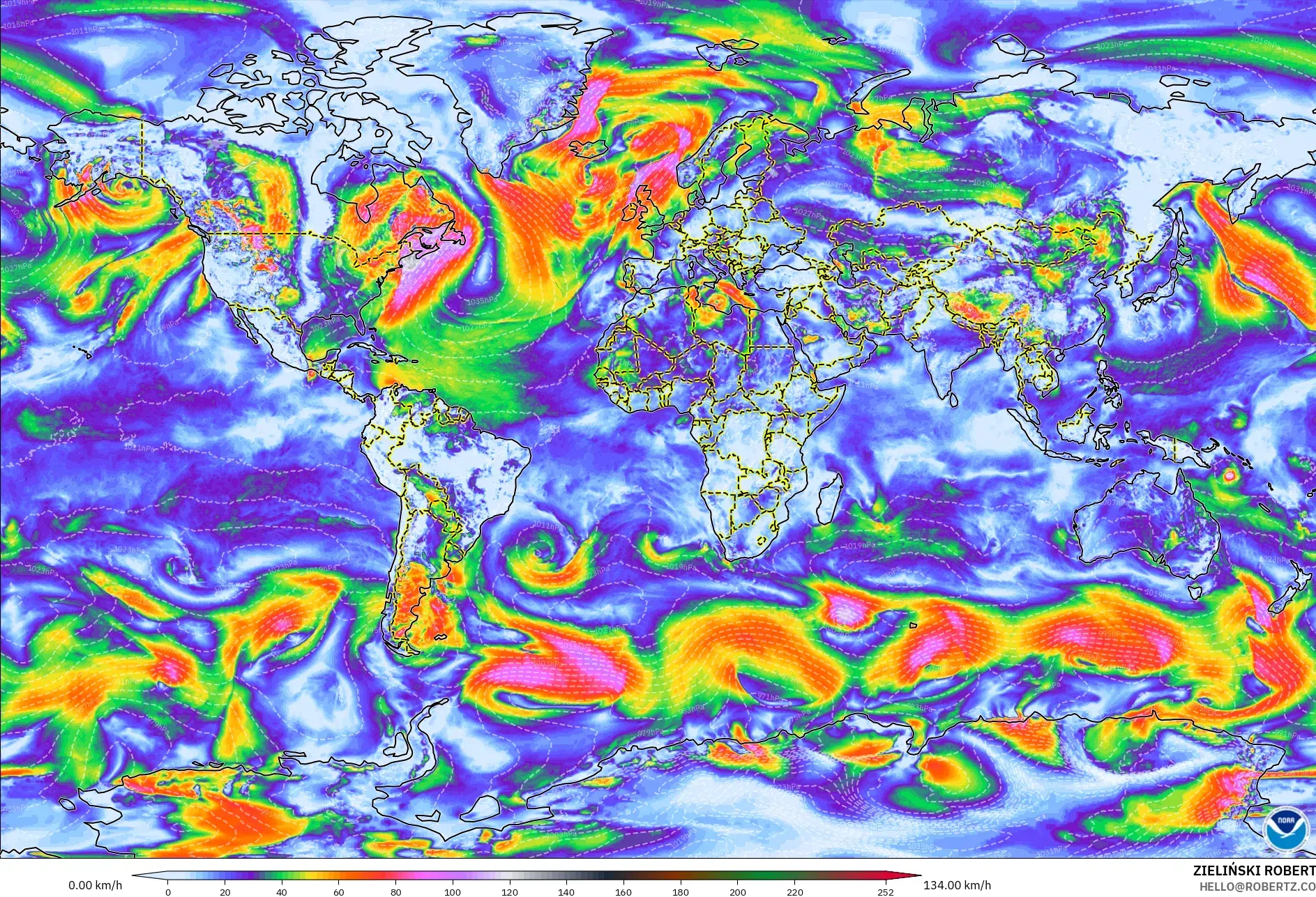 GFS modelo - Mundo, Ráfagas de viento