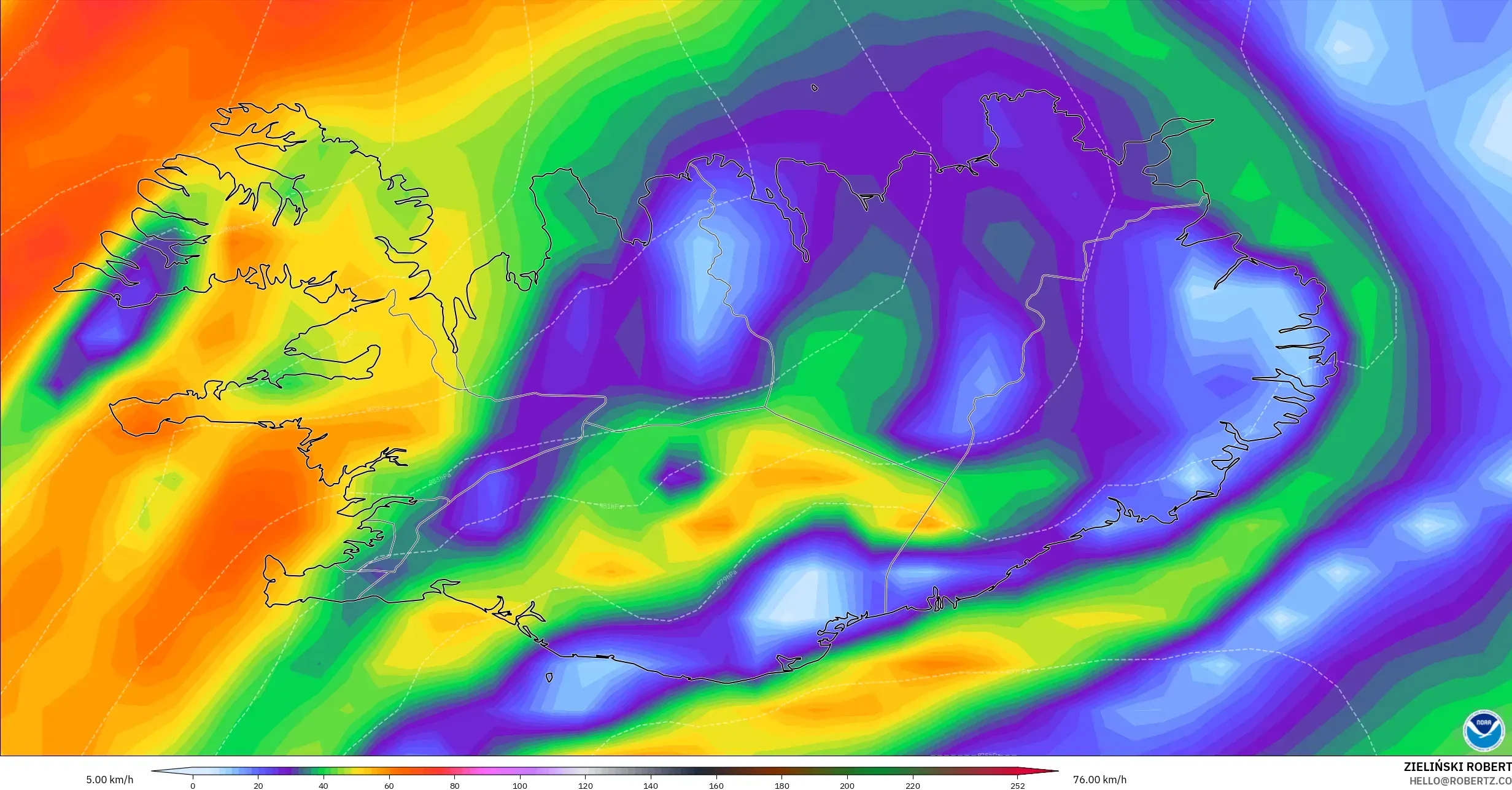 GFS modelo - Islandia, Ráfagas de viento