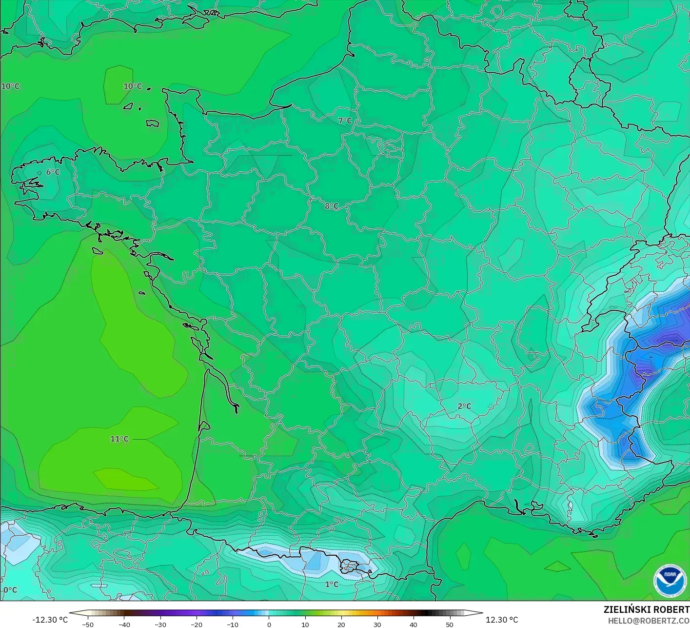 GFS modelo - Francia, Punto de rocío a 2 m