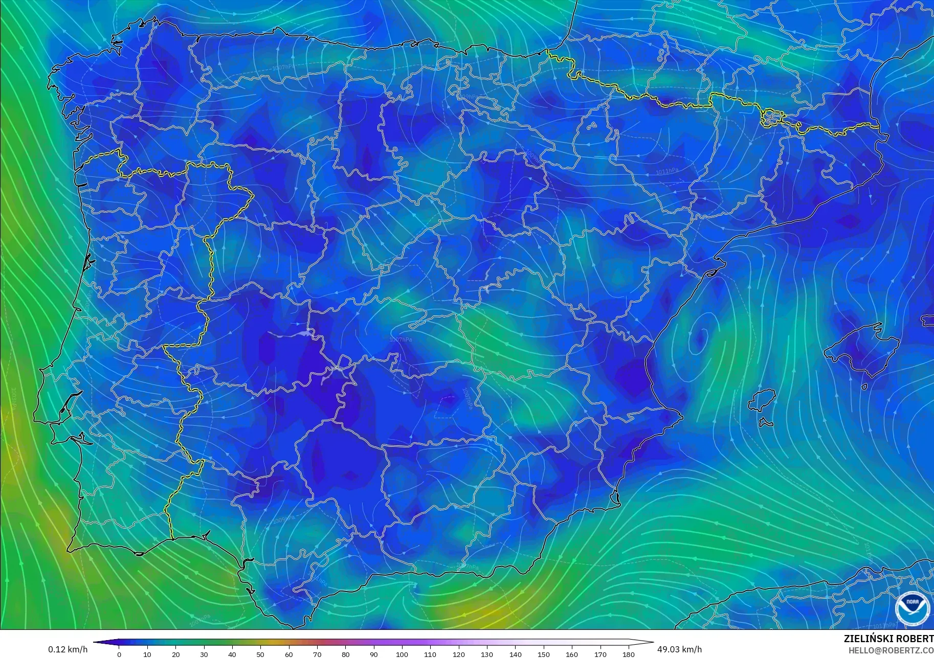 GFS modelo - España, Viento a 10 m