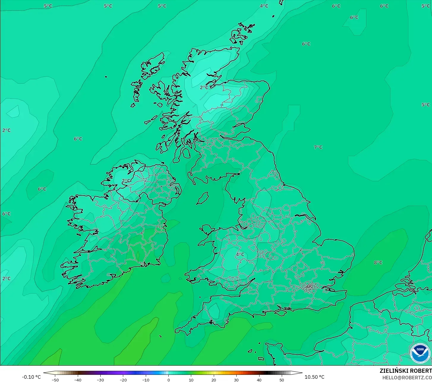GFS modelo - Reino Unido, Punto de rocío a 2 m