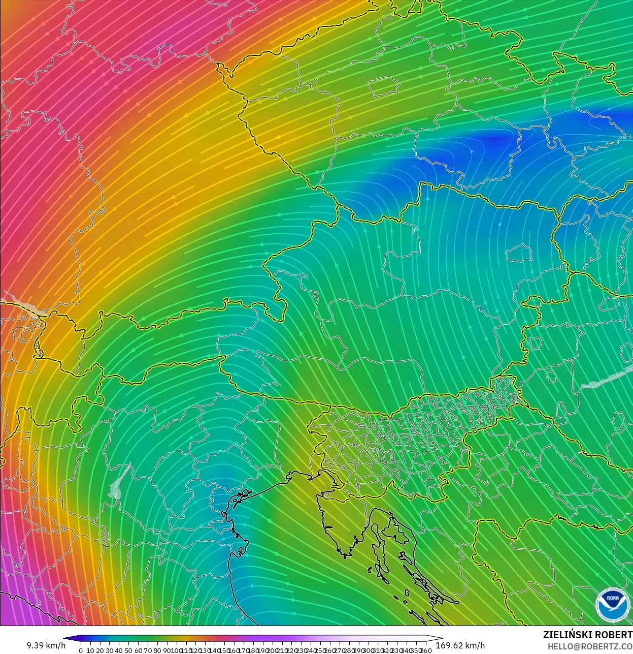 GFS modelo - Austria, Viento a 300 hPa (corriente en chorro)