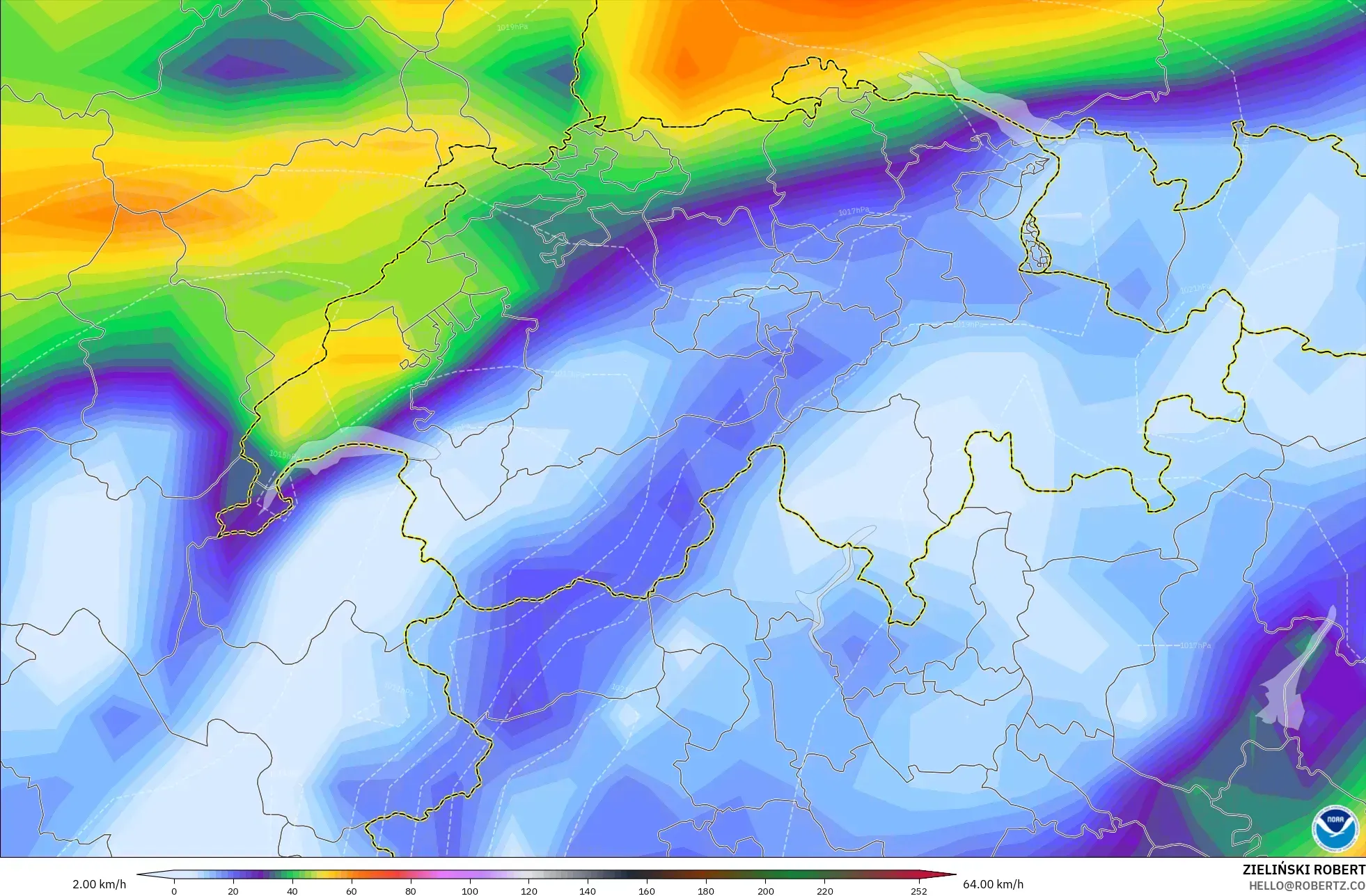 GFS modelo - Suiza, Ráfagas de viento