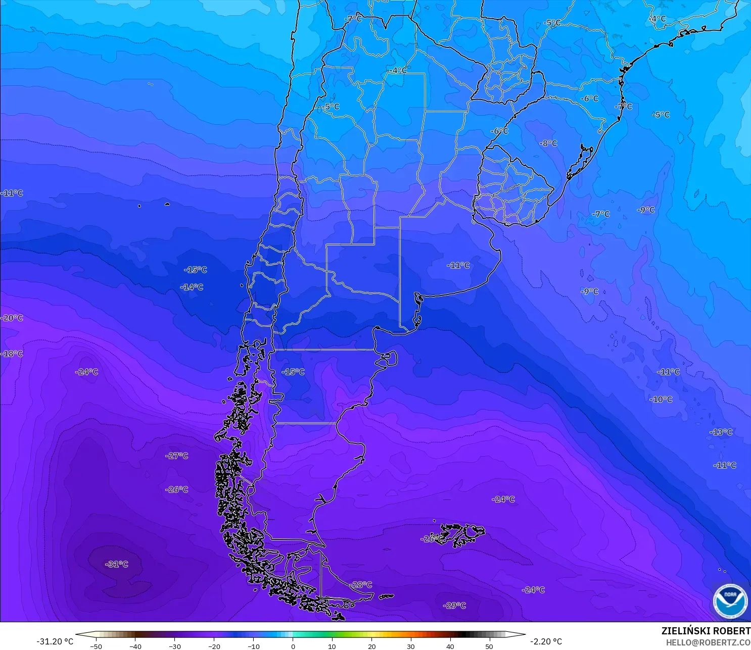 GFS modelo - Argentina, Temperatura a 500 hPa