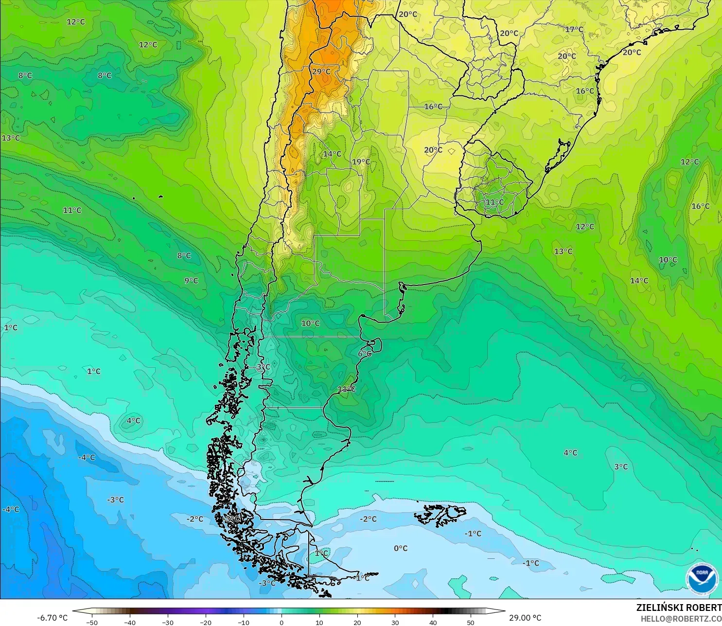 GFS modelo - Argentina, Temperatura a 850 hPa